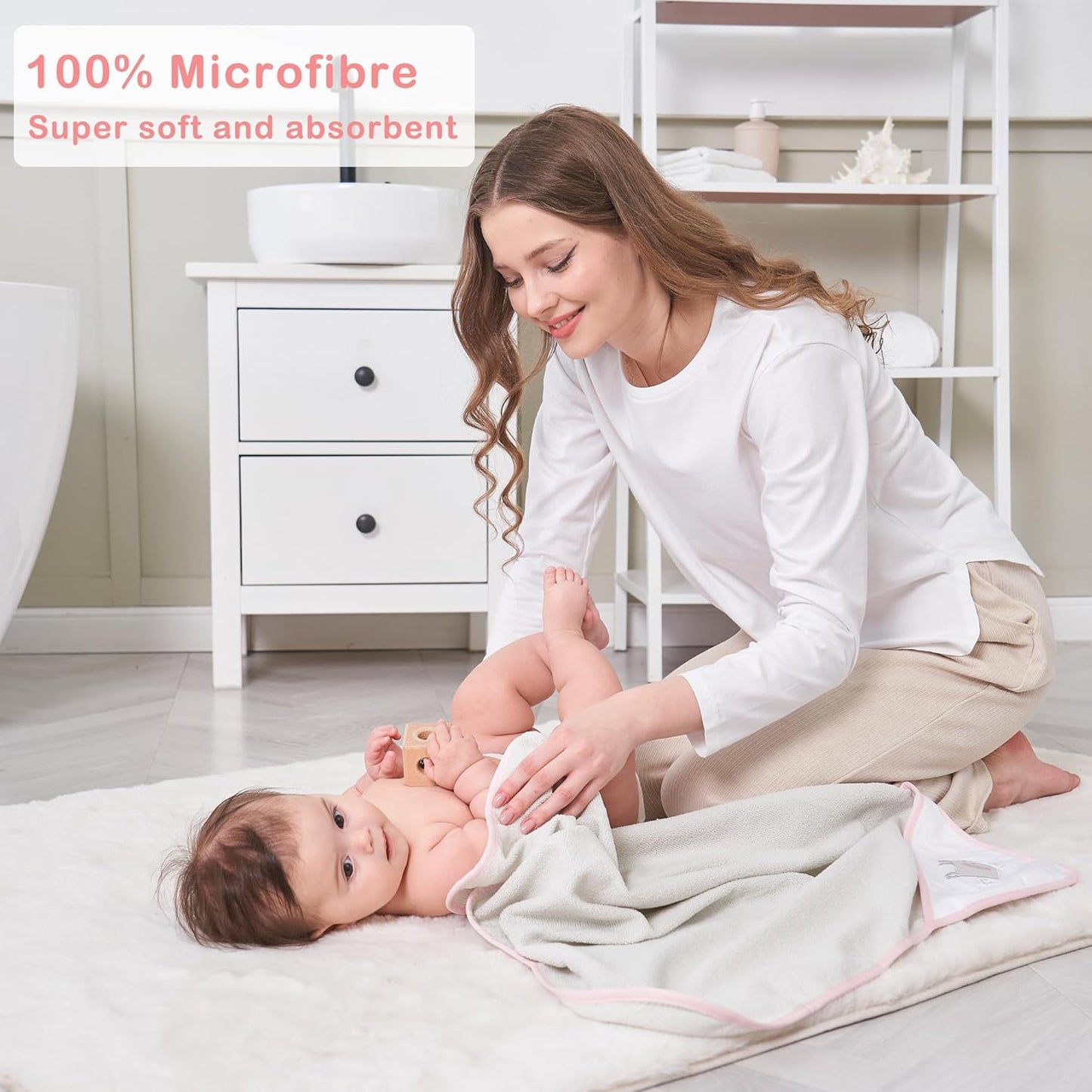 Viviland Baby Towels and Baby Wash Cloths Set Hooded Baby Towels Baby Wipes Absorbent Bath Face Towels Burp Cloths or Face Towels for Girl Boy 6-Pack Size 28 x 28 Inch(Elephant)