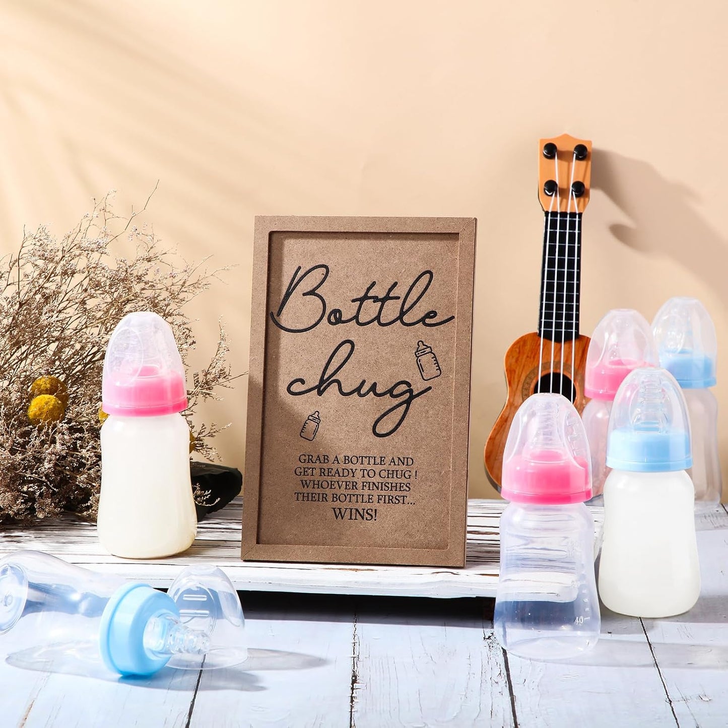 Roowest Bottle Chug Baby Shower Game Favors Including Kraft Theme Wooden Sign and 18 Pcs Baby Bottles for Gender Reveal Party Supplies