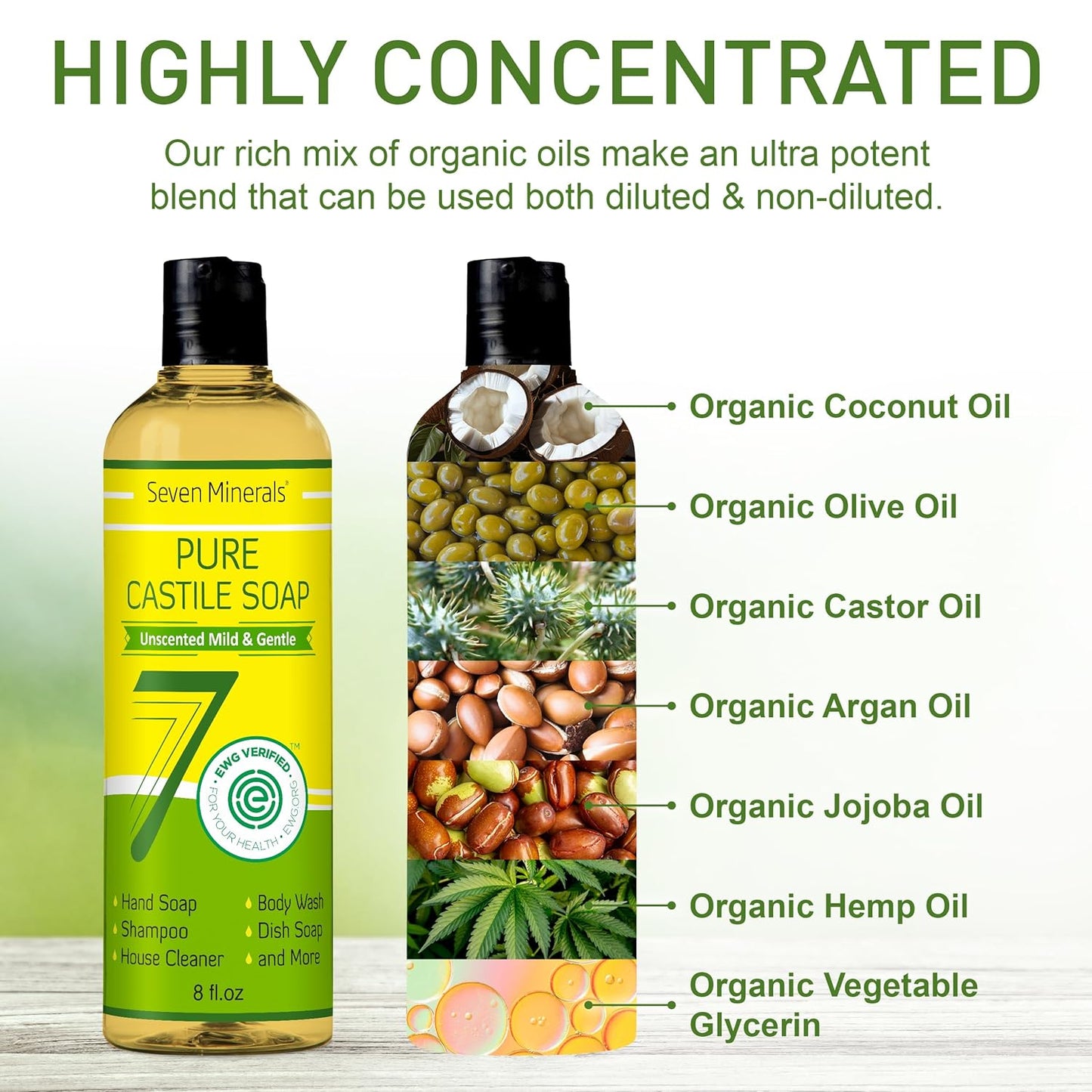 Pure Castile Soap - No Palm Oil, GMO-Free - Gentle Liquid Soap For Sensitive Skin & Baby Wash - All Natural Vegan Formula with Organic Carrier Oils (8 Fl Oz, An Unscented)