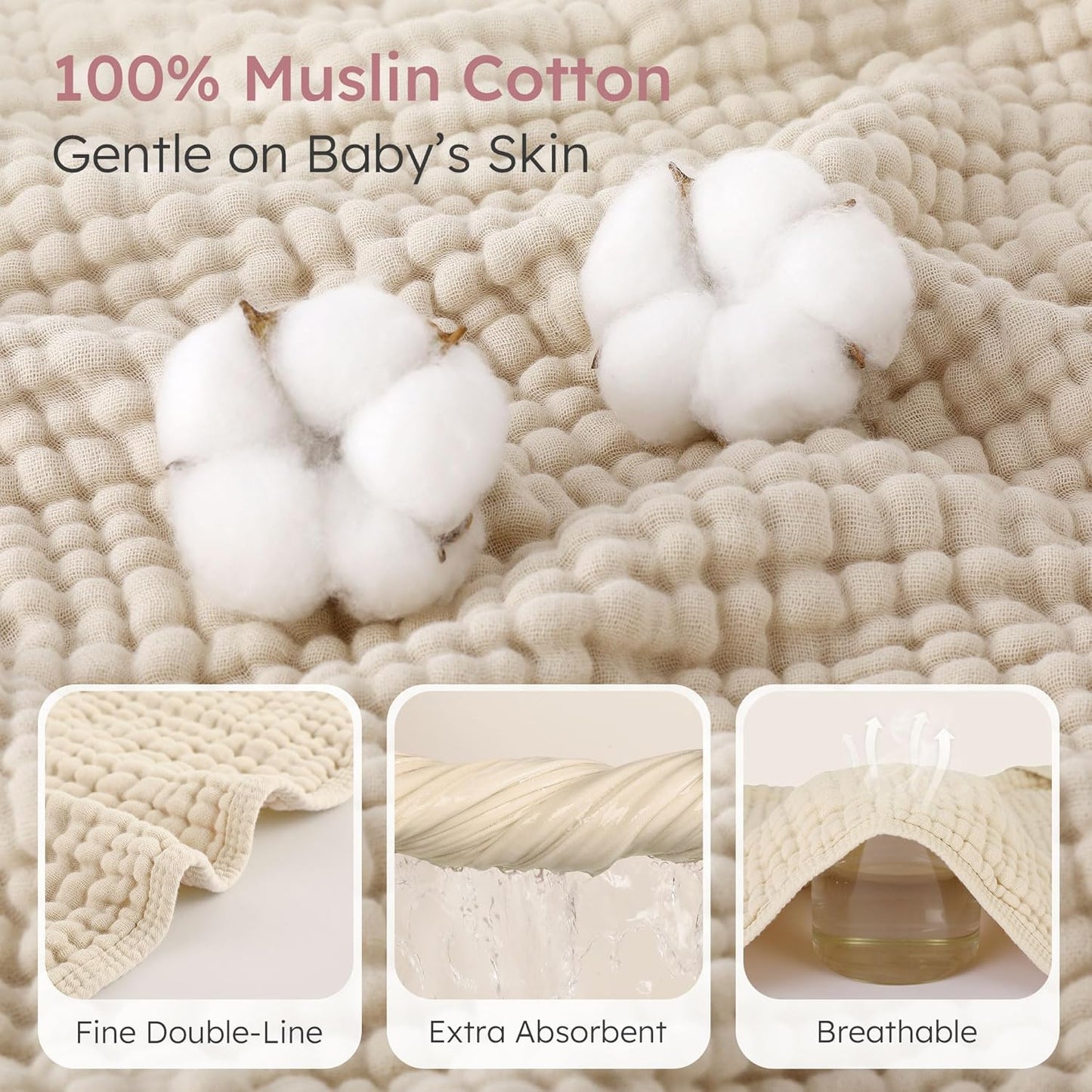 Looxii Baby Bath Towels 2 Pack Muslin Hooded Baby Towels for Newborn and Infants, 100% Cotton, Large 32x32Inch, Soft and Absorbent Beige+Pink