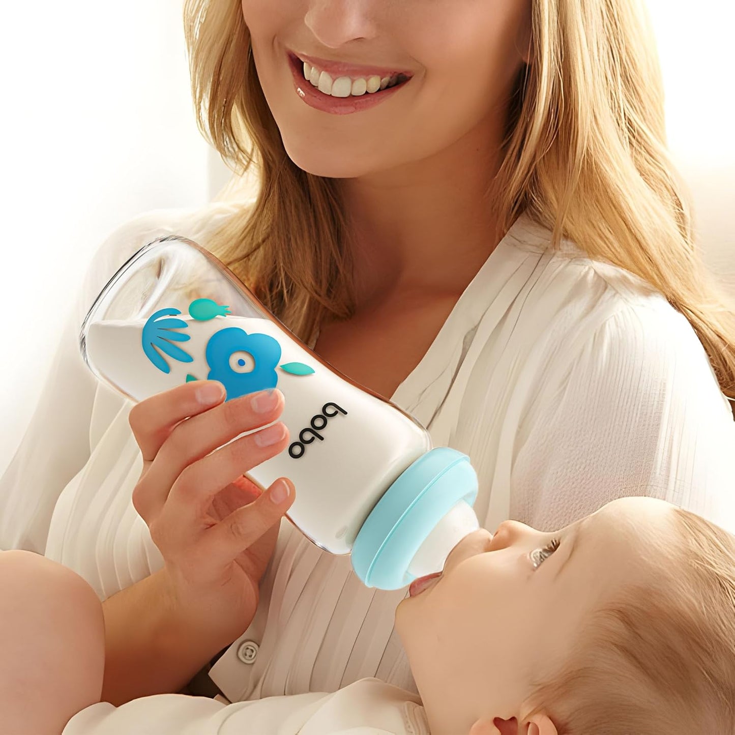 YOHKOH Natural Glass Baby Bottle with Natural Response Nipple, Newborn Anti-Colic Baby Bottles, Wide Neck Mushroom Cap Baby Bottle, Clear (Blue, (8.8oz (Pack of 2))