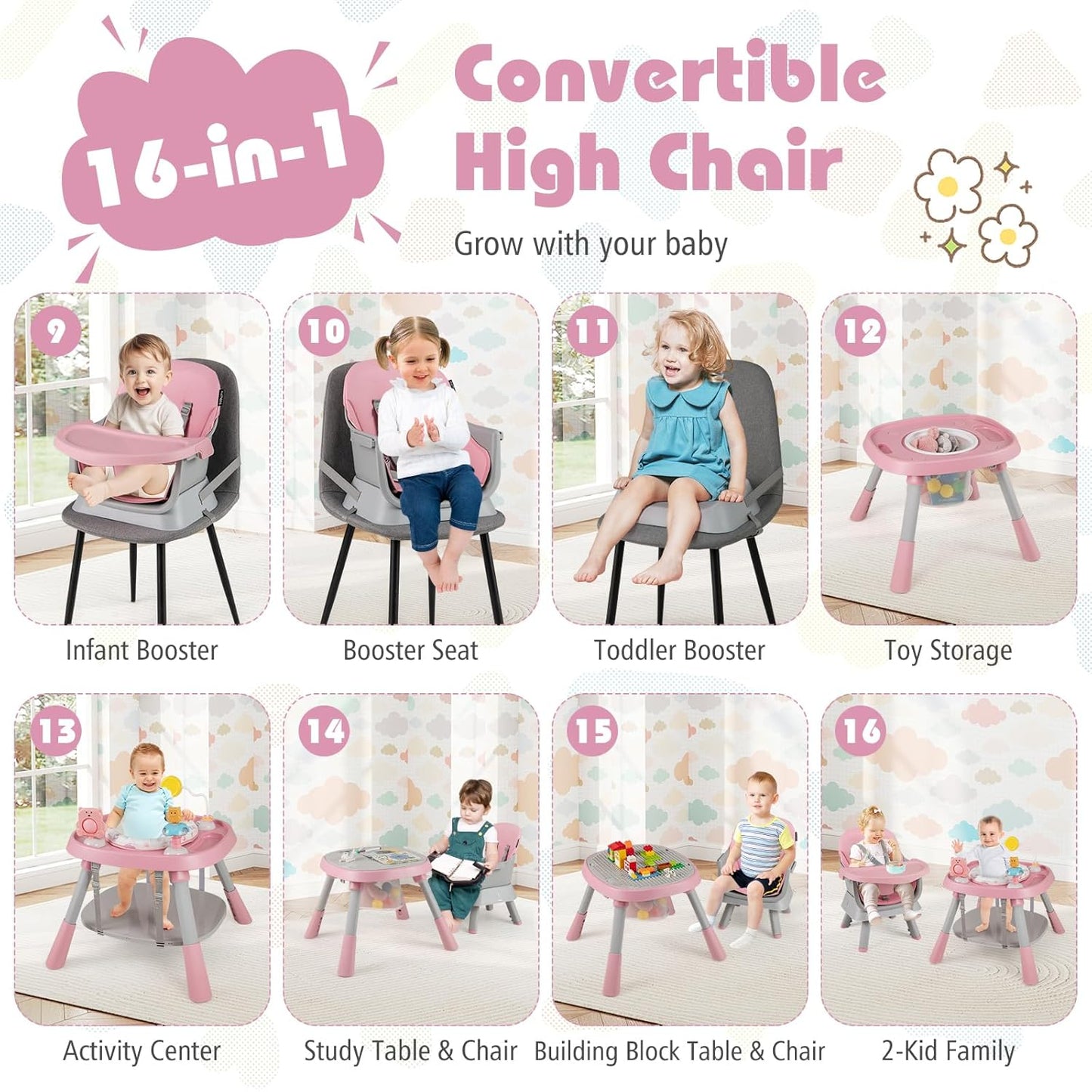 KOTEK 16 in 1 Convertible High Chair, Baby Highchair & Activity Center with Toys, Booster Seat, Building Block Table, Toddler Chair with 5-Point Harness, Removable Tray & Cushion (Pink)
