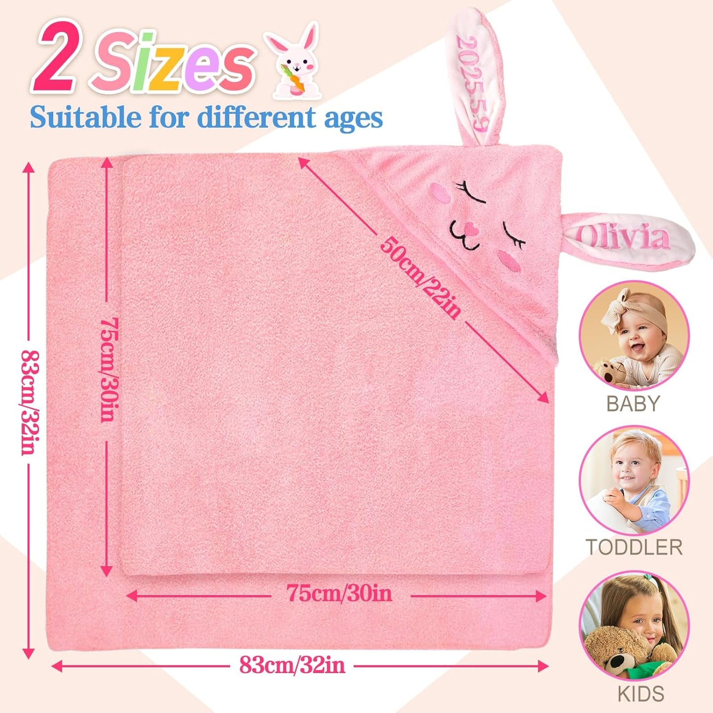 Custom Hooded Baby Towel with Name, Personalized Soft Absorbent Bunny Bath Towel, Shower Towels for Girls Boys, Easter Brithday for Baby, Toddler, Newborn Essential