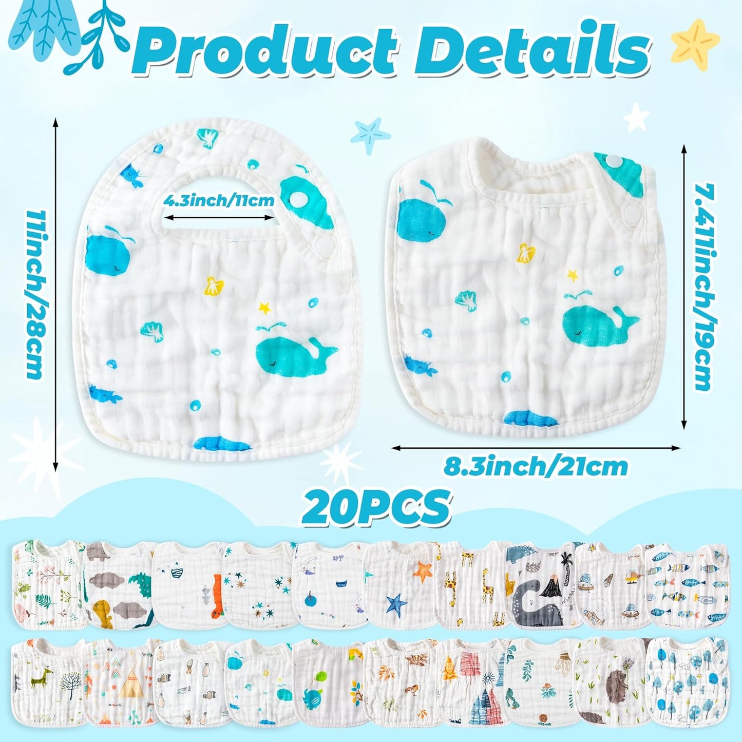 Zainpe 20Pcs Snap Muslin Cotton Baby Bibs Soft Absorbent Adjustable Burp Cloths for Newborns Drooling Feeding Teething Eating