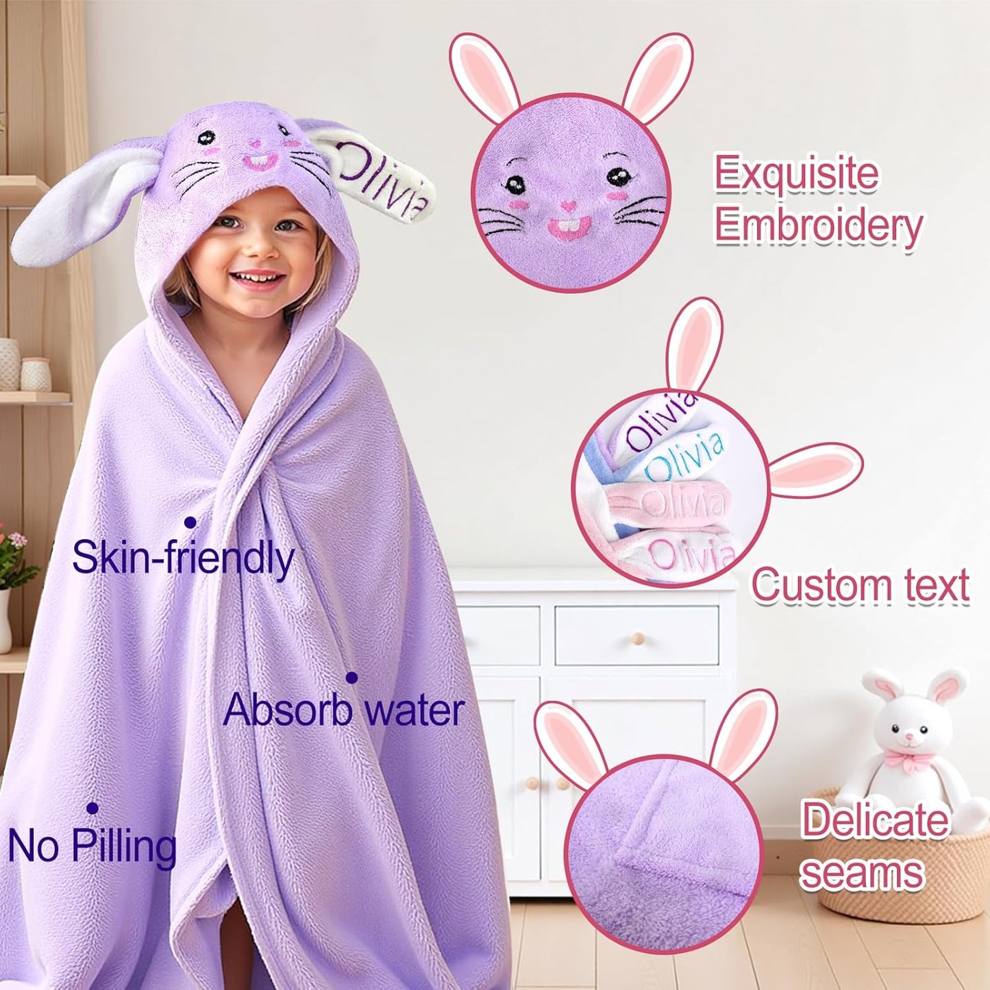 Baosity Custom Hooded Baby Towel with Name, Personalized Soft Absorbent Bunny Toddler Towel, Baby Bath Towel for Girls Boys, Christmas Brithday Gifts for Baby, Toddler, Newborn Essential