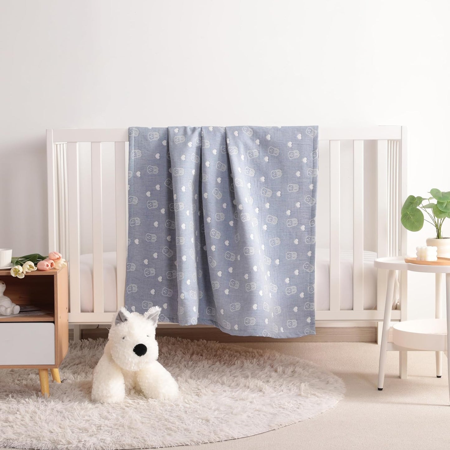 NTBAY 3 Layer Oversized Muslin Cotton Toddler Blanket, Jacquard Reversible Nursery Bed Blanket, Super Soft and Thermal for All Seasons, Baby Gift, 45"x60", Blue Rabbit