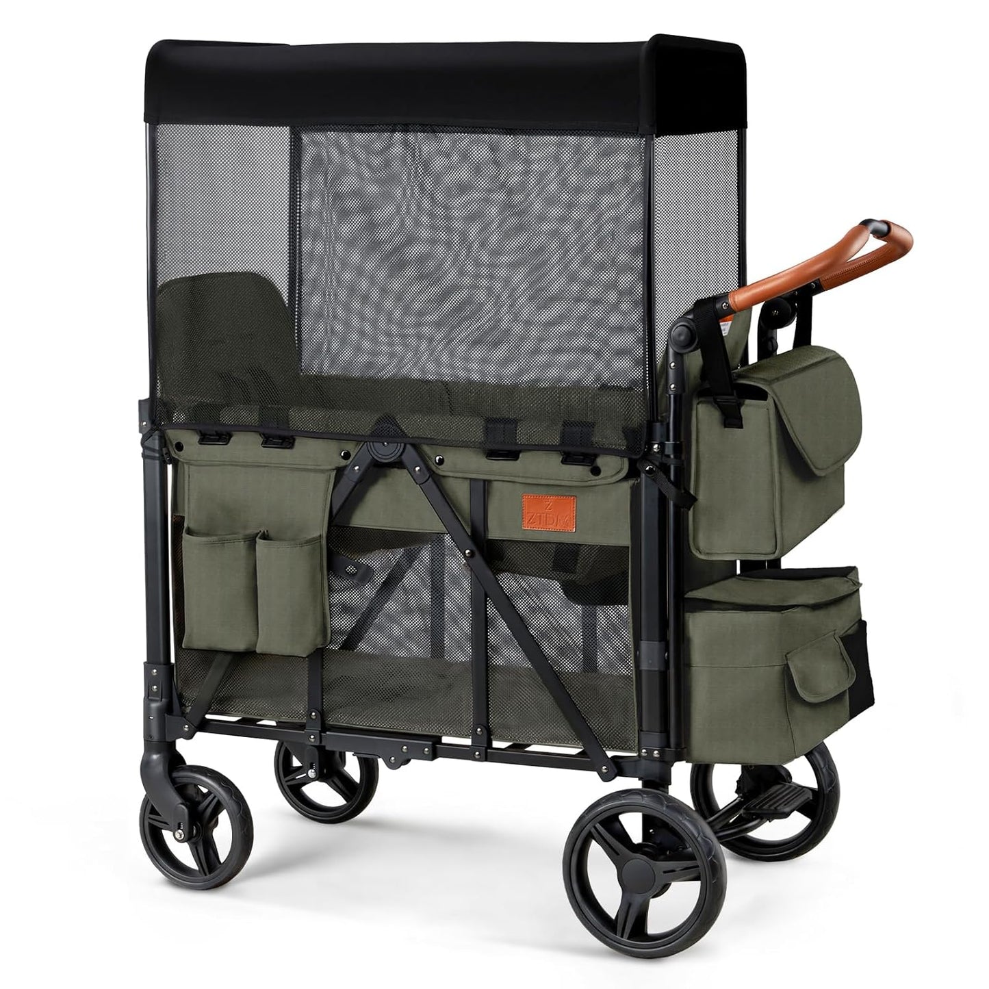 Wagon Stroller for 2 Kids, High Seat & 5 Point Harness, Foldable All-Terrain Wagon for Toddler with Canopy, Parent Organizer, Shoulder Bag, Adjustable Handlebar, Ultimate Double (Green)