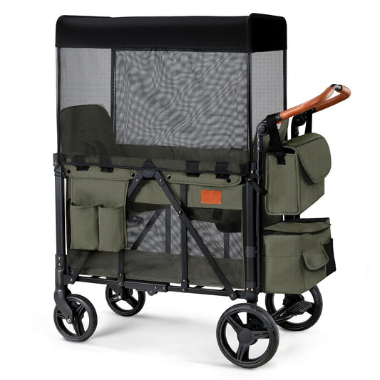 Wagon Stroller for 2 Kids, High Seat & 5 Point Harness, Foldable All-Terrain Wagon for Toddler with Canopy, Parent Organizer, Shoulder Bag, Adjustable Handlebar, Ultimate Double (Green)