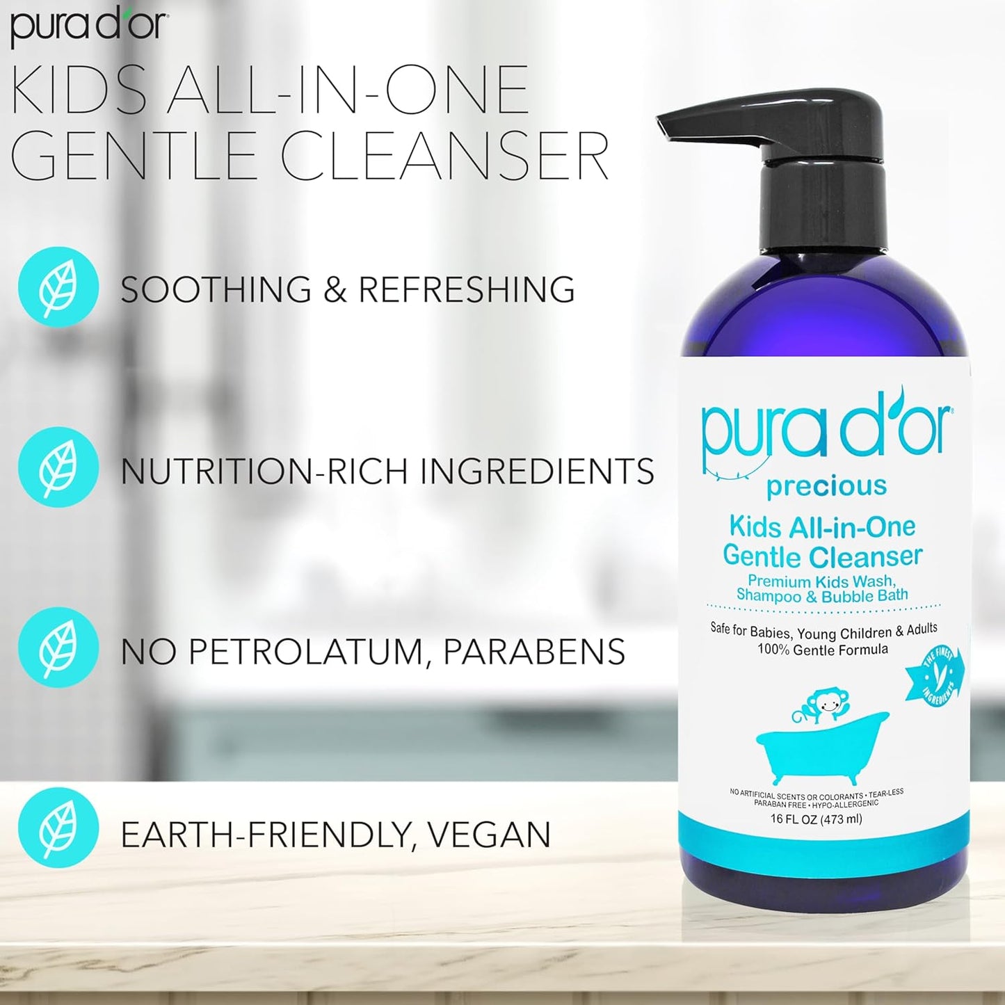 PURA D'OR Kids Wash (16oz x 3 = 48oz) All-in-One Gentle Cleanser - USDA Biobased, Sulfate-Free, Tear-Less, Hypoallergenic, Premium, Shampoo & Bubble Bath