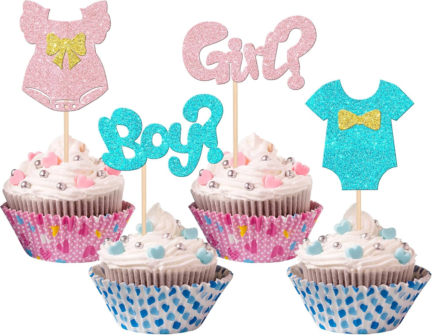 Rsstarxi 24pcs Cake Topper Paper Boy or Girl Toppers with Glitter Bow Tie Skirt, for Baby Shower, Birthday & Gender Reveal Party Decorations