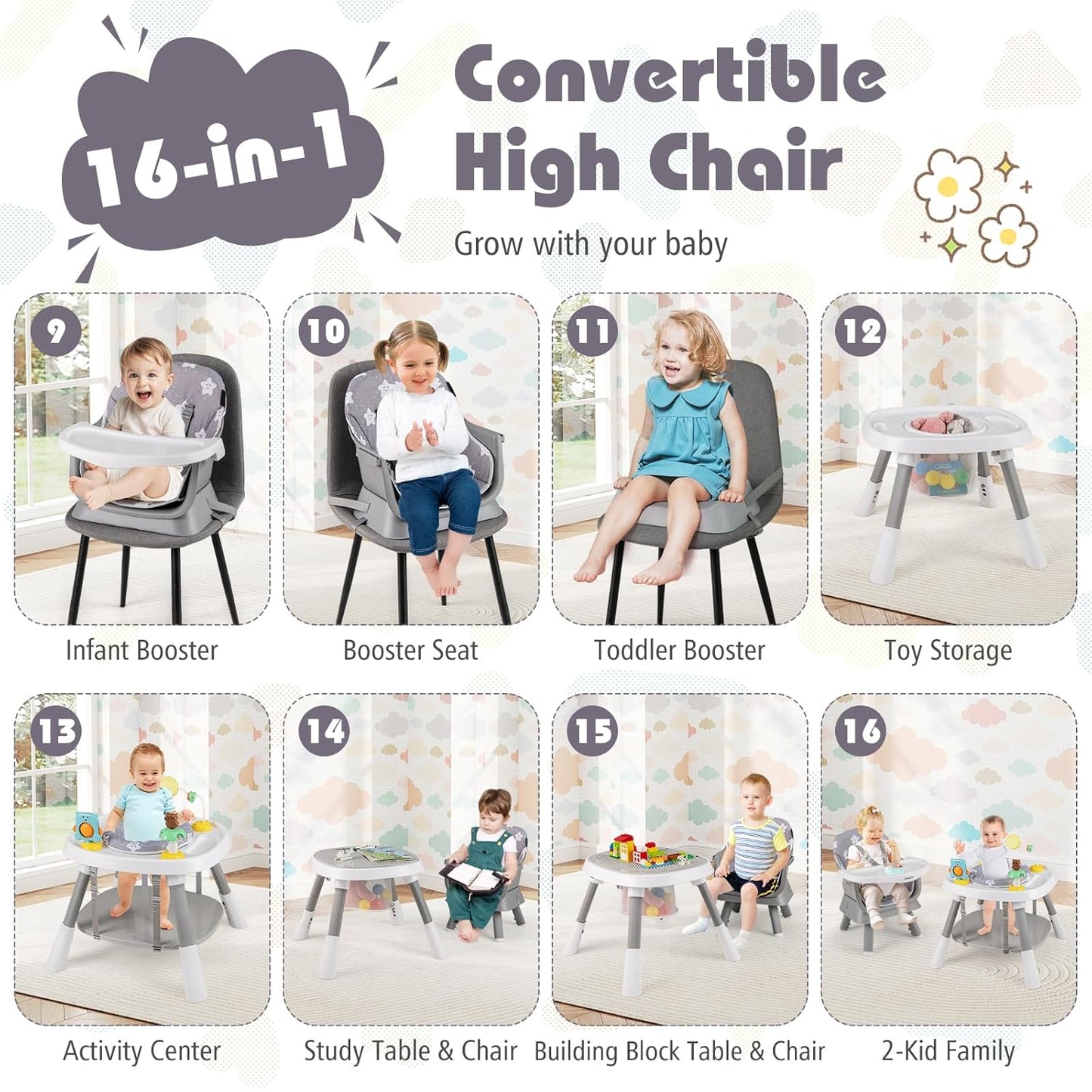 KOTEK 16 in 1 Convertible High Chair, Baby Highchair & Activity Center with Toys, Booster Seat, Building Block Table, Toddler Chair with 5-Point Harness, Removable Tray & Cushion (Gray)