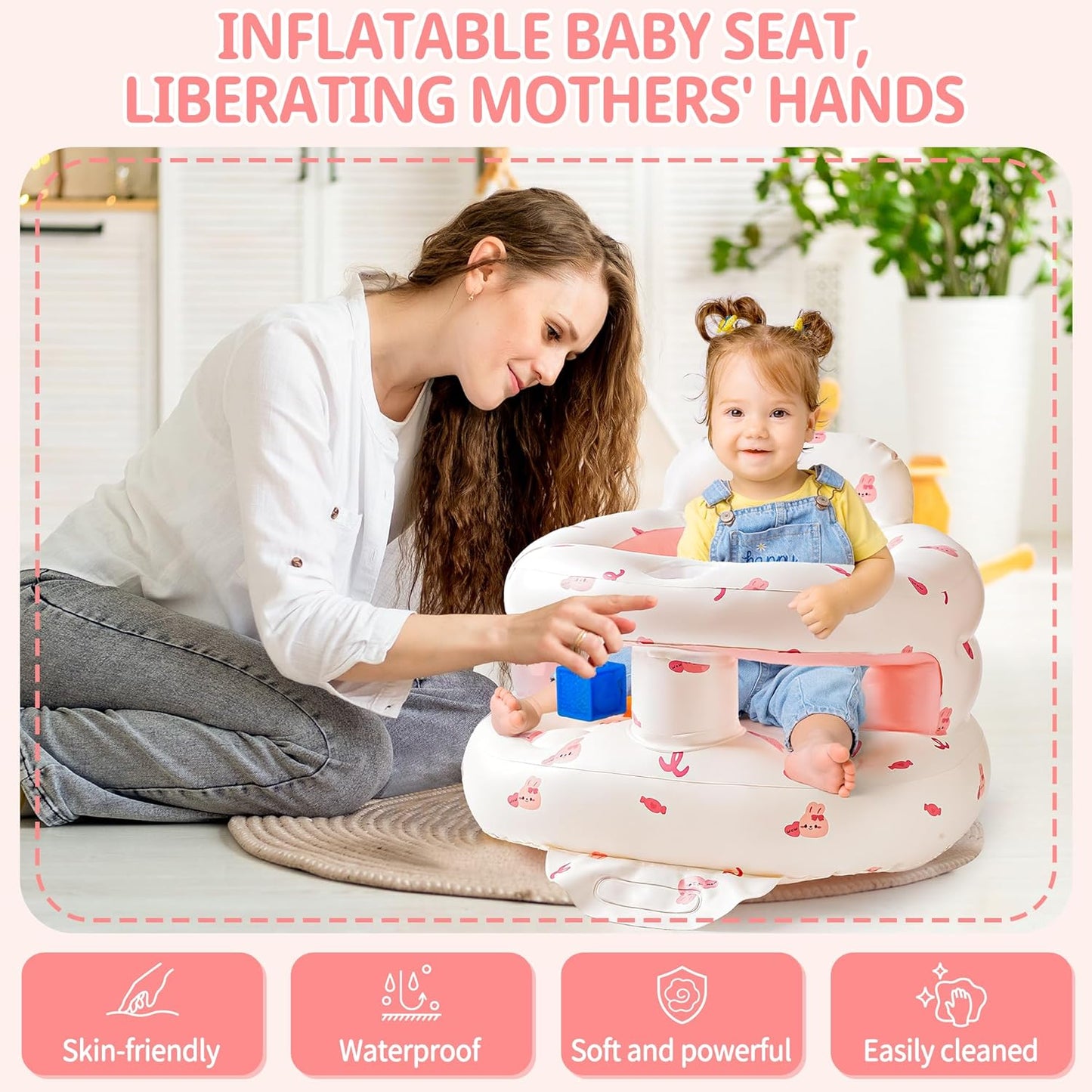 Inflatable Baby Seat with Full Enclosure, Comfortable Sit Me Up Baby Chair for Learning to Sit, Built in Air Pump Blow Up Infant Back Support Floor Seat for Babies 3 Months & Up (Bunny)