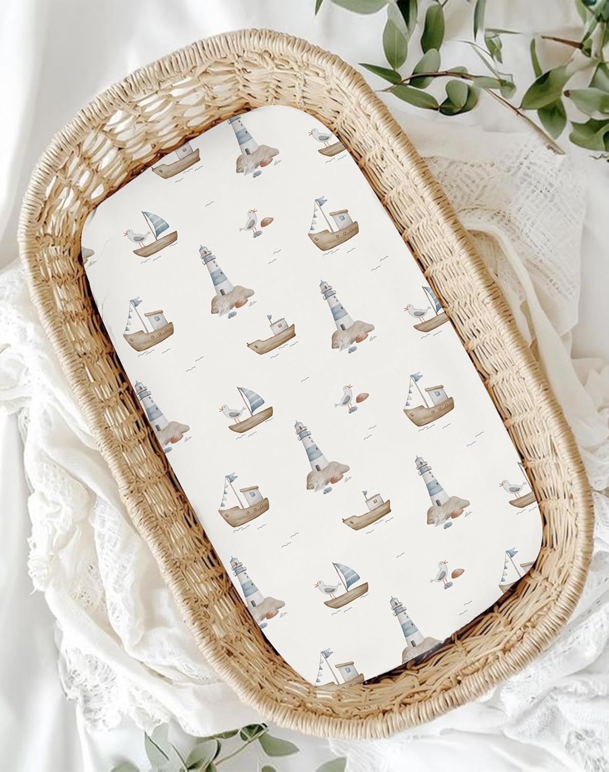 Bassinet Sheets for Baby Girls Boys 2 Pack, Fitted Baby Mattress Sheet for Rectangle, Oval, Hourglass Bassinet Mattress, Breathable Cozy & Universal Fit (Sailing Waves)
