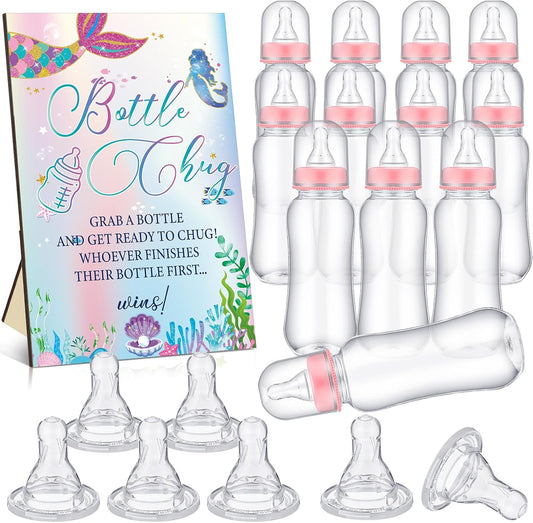 TrelaCo Mermaid Cool Baby Shower Games Bottle Chug Sign Wooden Mermaid Theme Gift Sets Gender Reveal Party Favors and 12 Pcs Baby Bottle Shower Favor for Games Gender Reveal