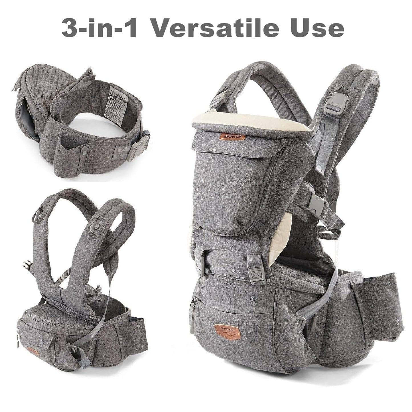 SUNVENO 3 in 1 Ergonomic Baby Carrier with Hip Seat for Newborns and Toddlers, Supports 20 lbs and Up, Waist and Back Relief with Large Weight Capacity for All Season Use, Grey