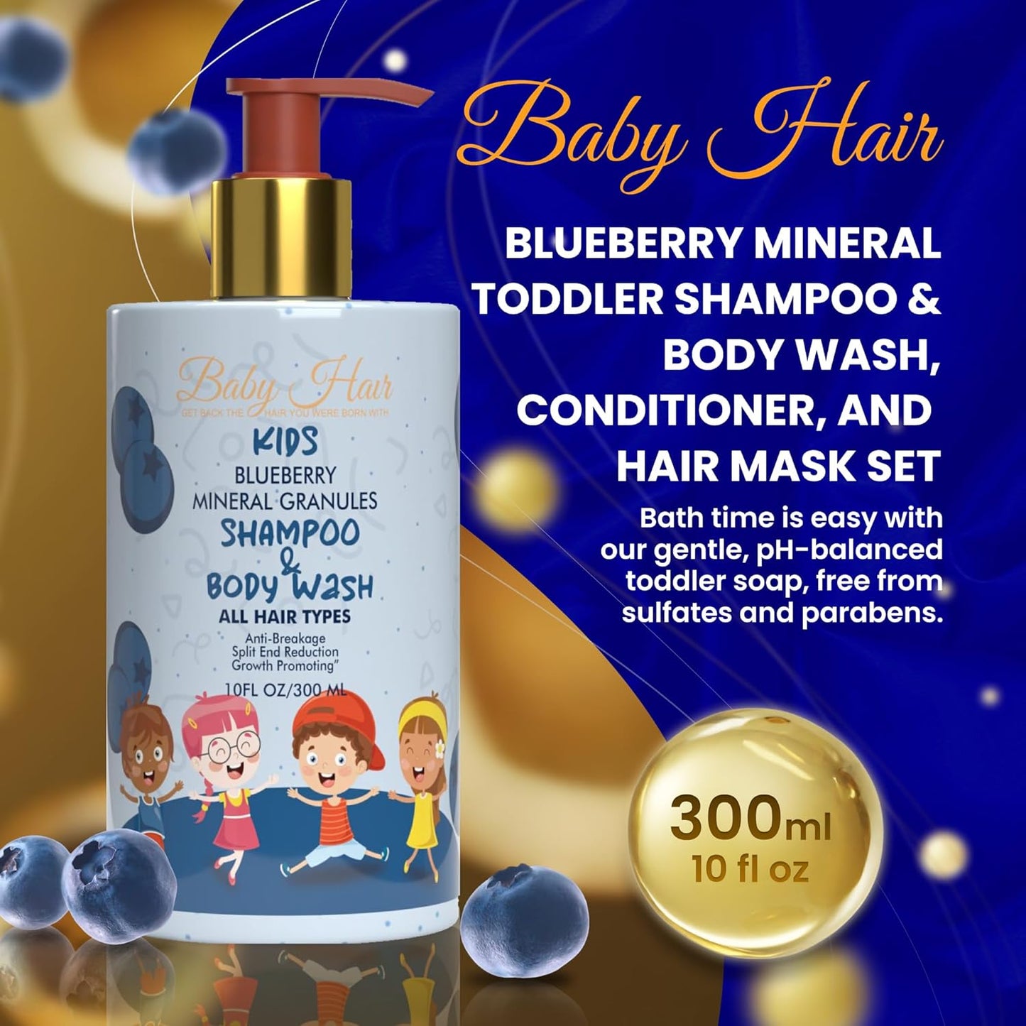 BABY HAIR - Blueberry Mineral Kids Shampoo/Body Wash, Sulfate-Free Kids Tearless Shampoo and Body Wash, Shampoo For Kids with Blueberry & Strawberry Oil and Aloe Vera, No Tears Shampoo, 10 fl.oz.