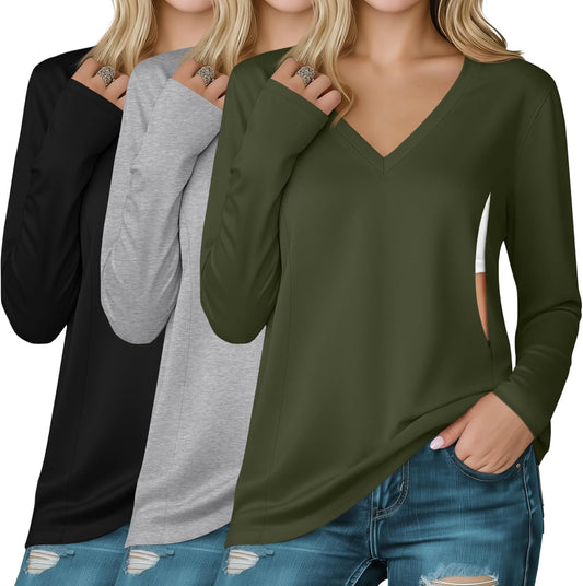 Huukeay 3 Pack Women's Long Sleeve Nursing Tops, Breastfeeding Hidden Zippers Shirts V Neck Maternity Pregnancy Tees Clothes