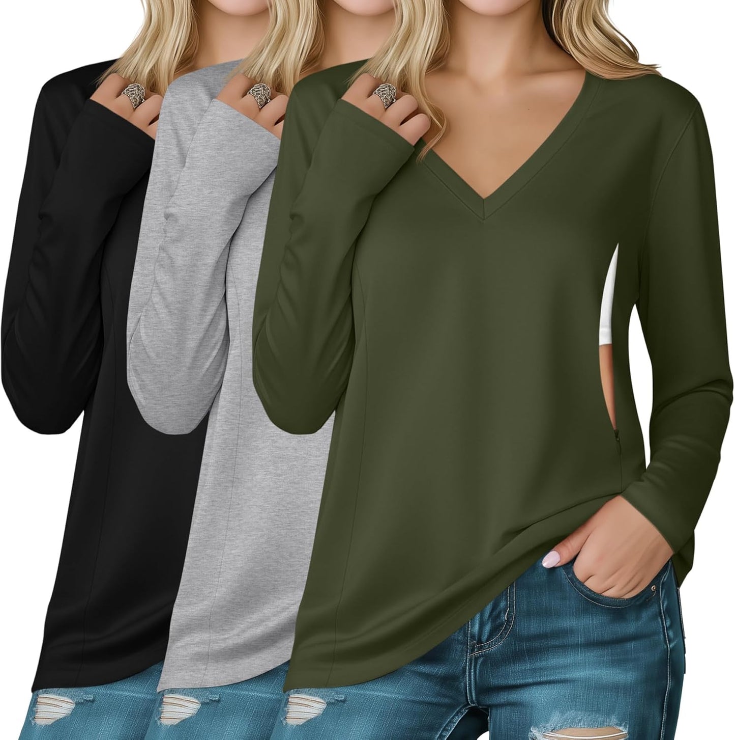 Huukeay 3 Pack Women's Long Sleeve Nursing Tops, Breastfeeding Hidden Zippers Shirts V Neck Maternity Pregnancy Tees Clothes
