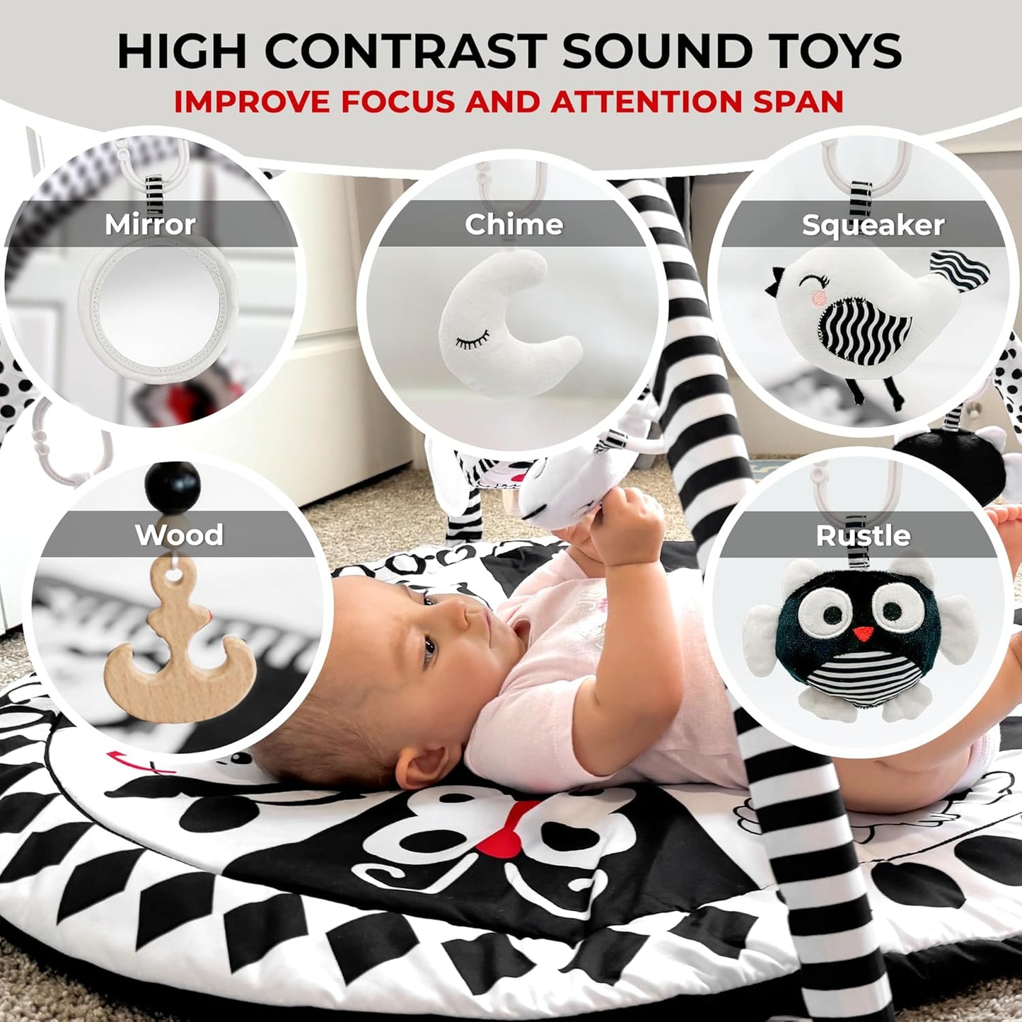 QUOKKA Padded Baby Gym Mat for Floor Tummy Time - Super Soft Black&White Play Gym Mat for Kids Toddlers & Infants - 6 Toys | Thick Pad | Machine Washable | Black White Colors for Vision Development