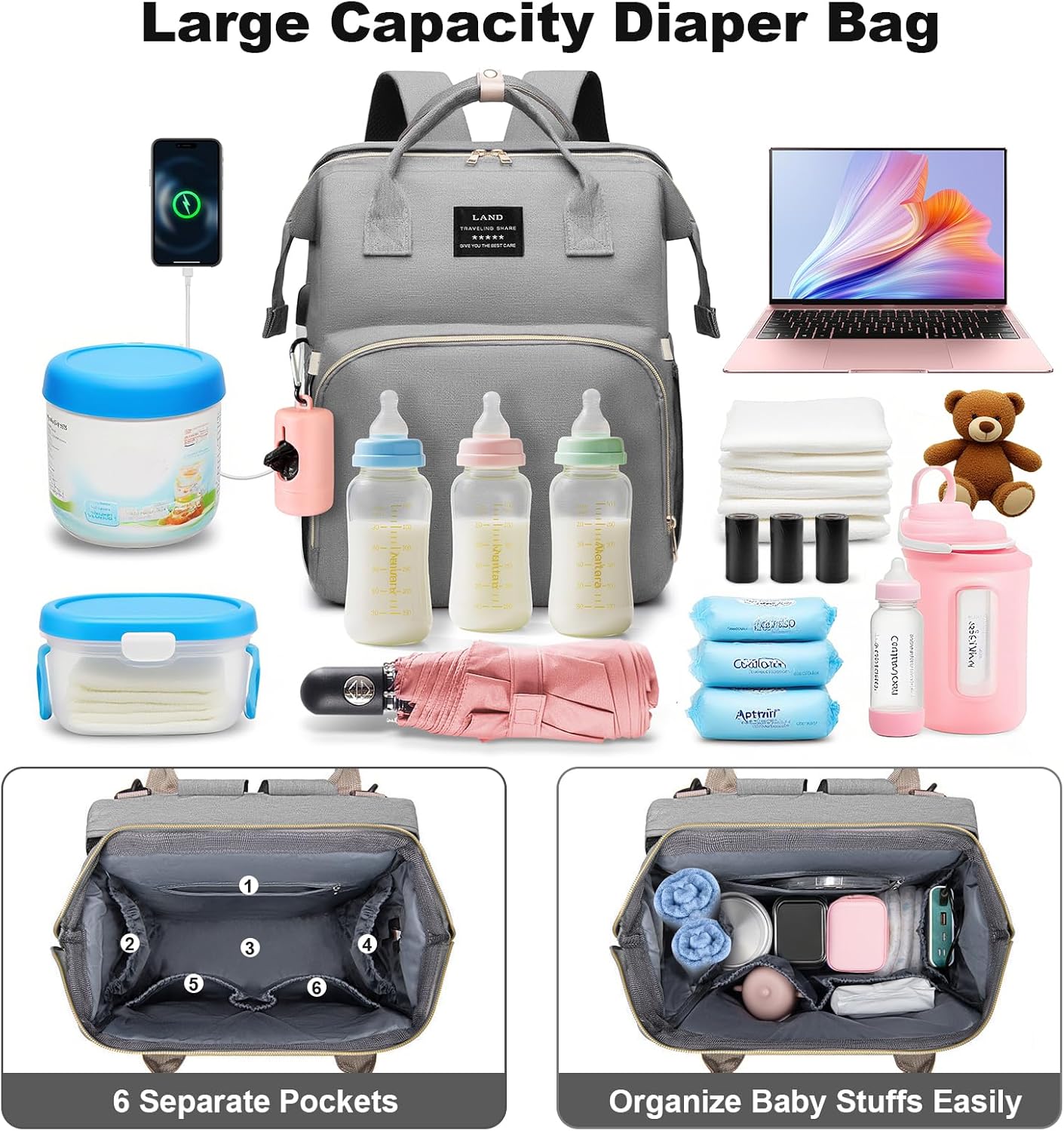 juman Diaper Bag Backpack, Large Diaper Bag with Changing Station, Baby Bag with USB Charging Port, 3 Rolls of Waste Bags with Dispenser, Waterproof Diaper Bags for Boys & Girls, Baby Shower Gifts