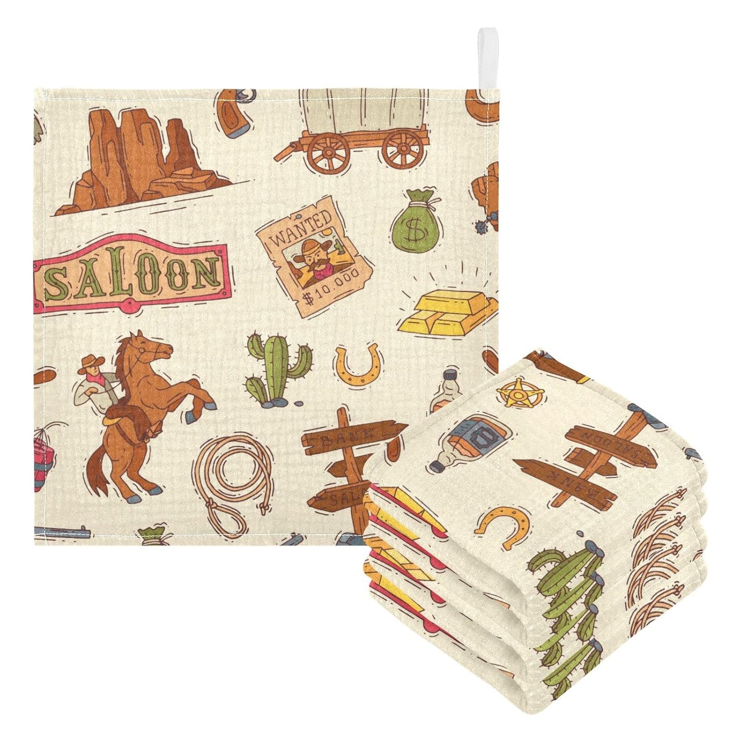 Cowboy Sheriff Burp Cloths for Boys & Girls, 5 Pack Wild West Western Muslin Washcloths Newborn Face Bath Towel Soft Absorbent Cotton Wash Cloth Baby Registry, 12 x 12 Inch