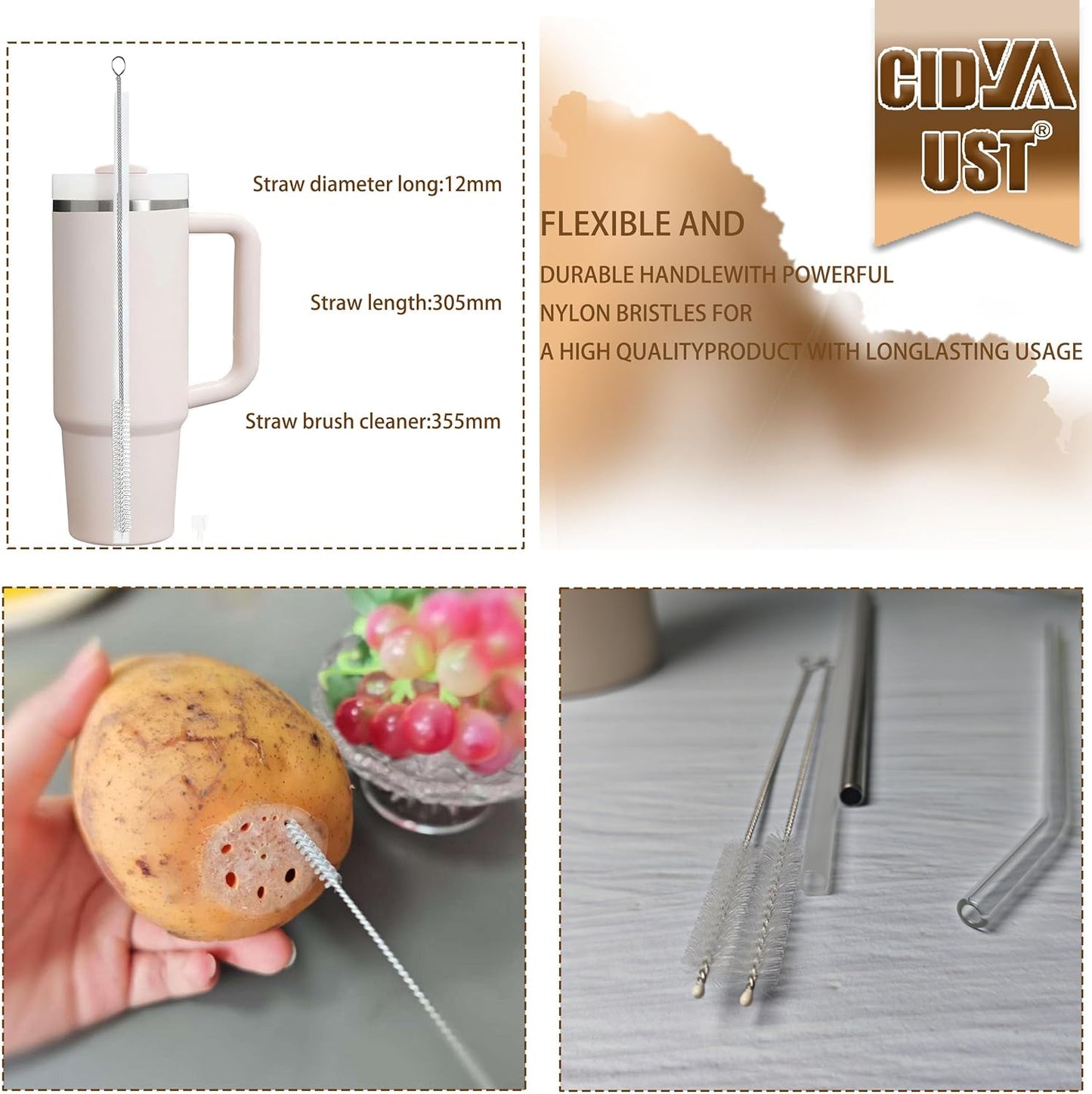 2 Pack 12-inch Straw Cleaner Brush, Reusable Metal Handles Straw Cleaner for 40/30/20 oz Stanley Mugs, 12mm Wide Cleaning Brush Suitable for Baby Bottles, Stainless Straw, Glass, Water Bottles