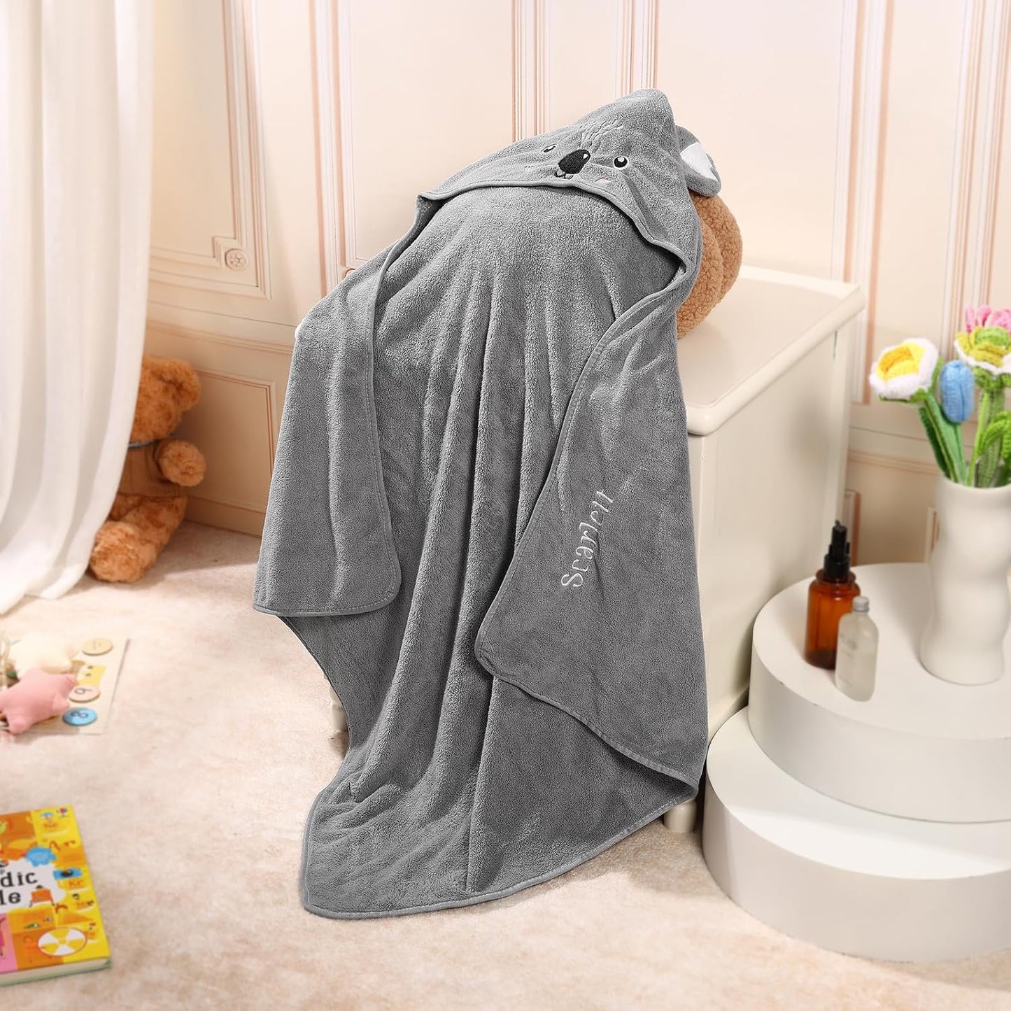 Personalized Baby Towels for Newborn Custom Embroidery Name Hooded Baby Bath Towels for Boy Girl Newborn Essentials Must Haves Shower Gift Soft Coral Velvet 30"x30" (Gray)
