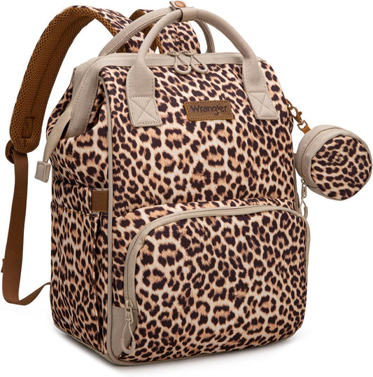 Wrangler Leopard Print Backpack Multifunction Baby Travel Bag with Changing Pad, Stroller Straps and Pacifier Case WG2204-91103LP-BR