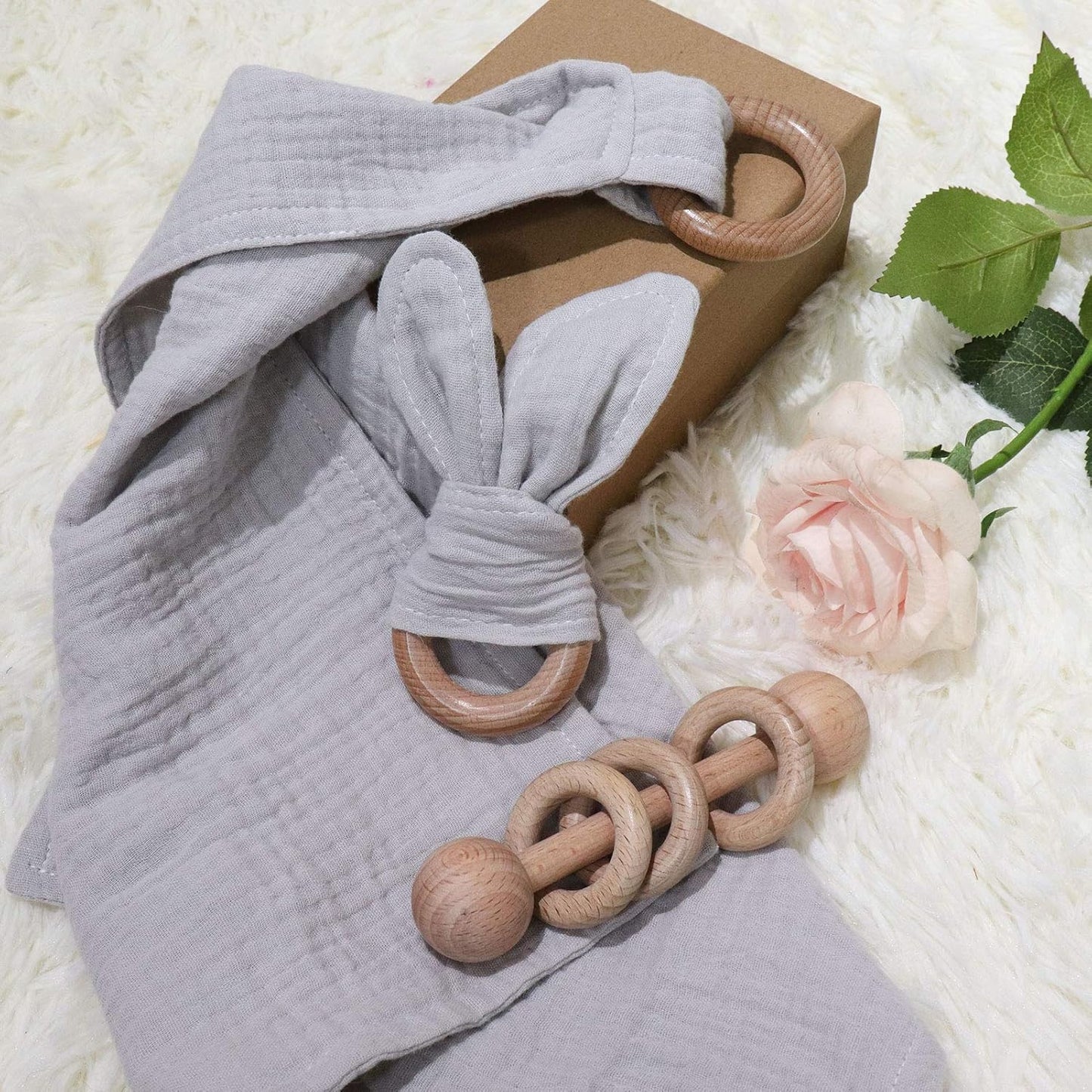 Baby Lovey, Wood Rattle, Teether Ring, 3 Pack Montessori Gift, Gray, Cotton, Double Gauze, Baby Shower, Gender Neutral Gift