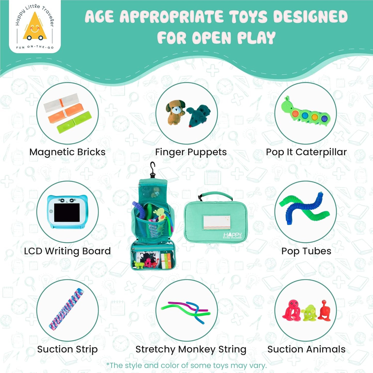 Travel Essentials for Kids – All-in-One Hanging Bag with Toddler Toys, Road Trip Activities for Kids, Sensory Toys & Travel Games for Airplane Trips, Car Rides - Boys & Girls 3+ Years, Toddler Seafoam