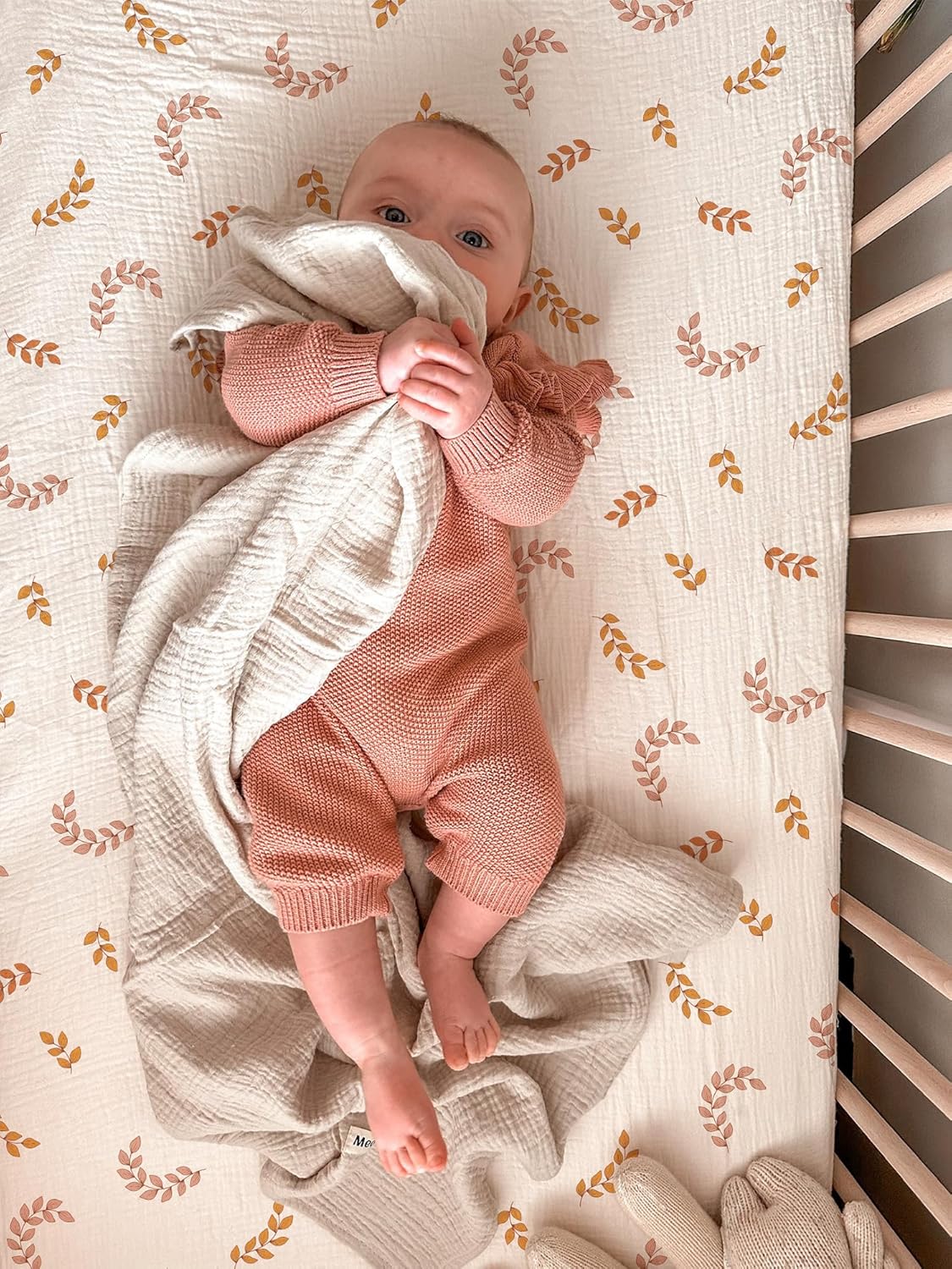 Mini Crib Sheets for Baby, Fitted Pack N Play Mattress and Mini Cribs 24" x 38", Neutral Muslin Cotton Mini Crib Mattress Sheet with Boho Style, Soft and Breathable Comfort (Leaf)