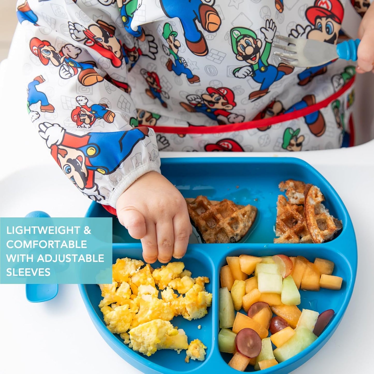 Bumkins Bibs, Baby and Toddler Girls and Boys 6-24 Months, Long Sleeve, Essential Must Have for Eating, Feeding, Mess Saving Lightweight Waterproof Fabric Sleeved Smock, Nintendo Mario and Luigi