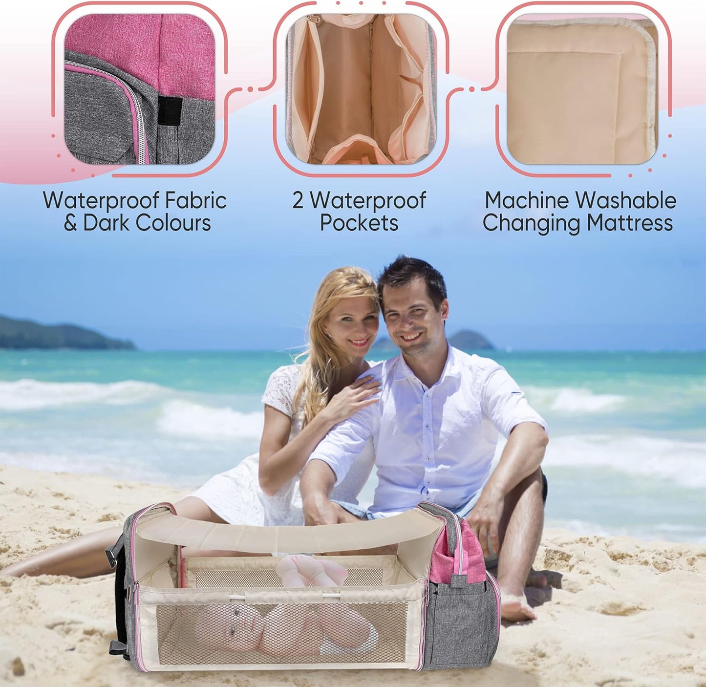Grey Pink Baby Diaper Bag Backpack with Changing Station for Boy & Girl, Multifunction Large Diaper Bag Backpack for Mom, waterproof travel diaper bag for women, pañaleras para bebe niña
