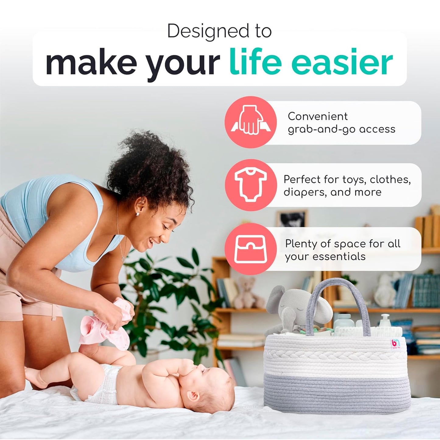 Rope Diaper Caddy - Storage for Baby and Toddler Items - Portable Cotton Organizer Easily Holds Diapers, Wipes, Clothing - Useful for Nursery, Bedroom (Gray, Regular)