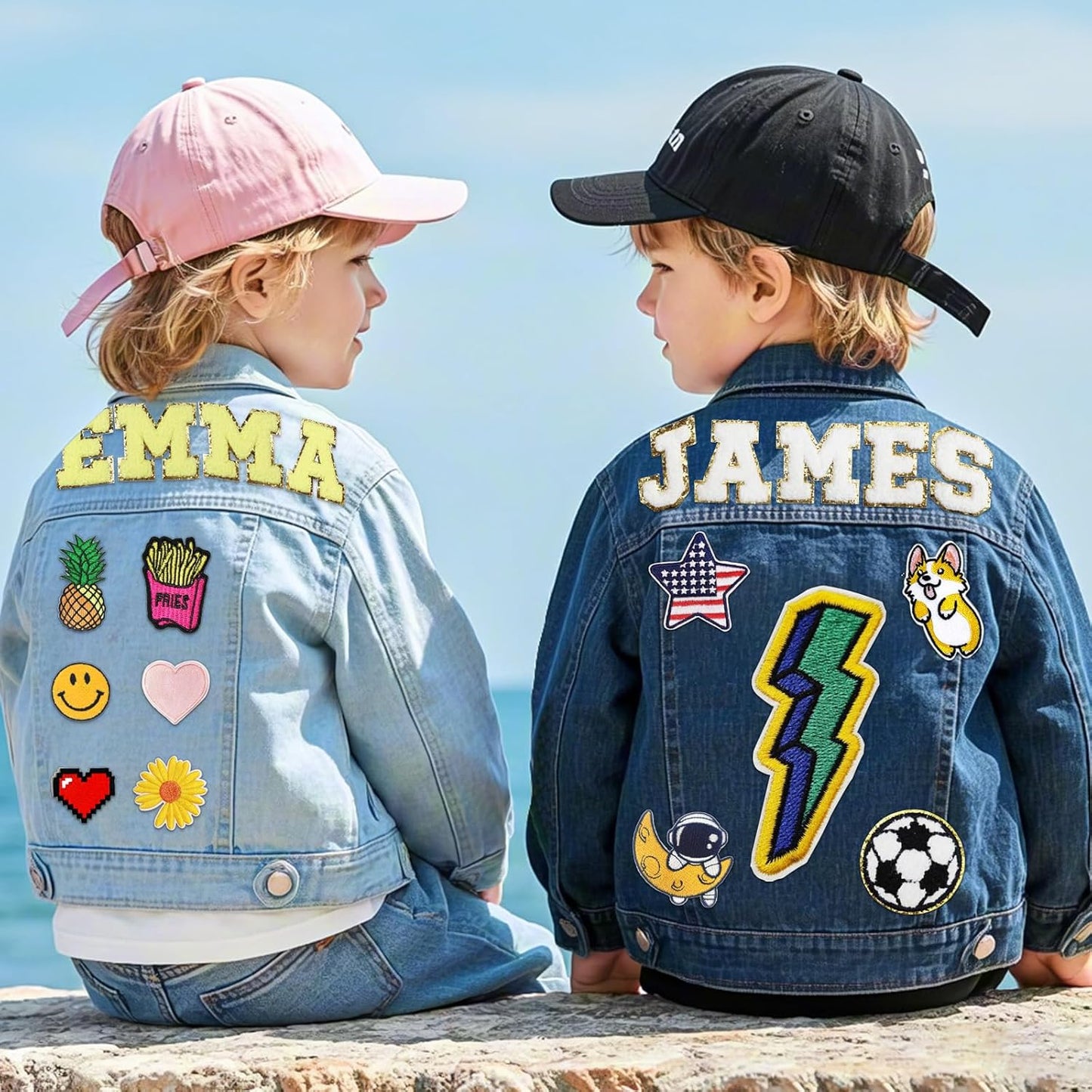 Personalized Jean Jacket for Kids with Name Patches - Custom Toddler Girls Boys Denim Jacket - Spring Fall Clothes - Birthday Christmas Gifts for Children 1-8