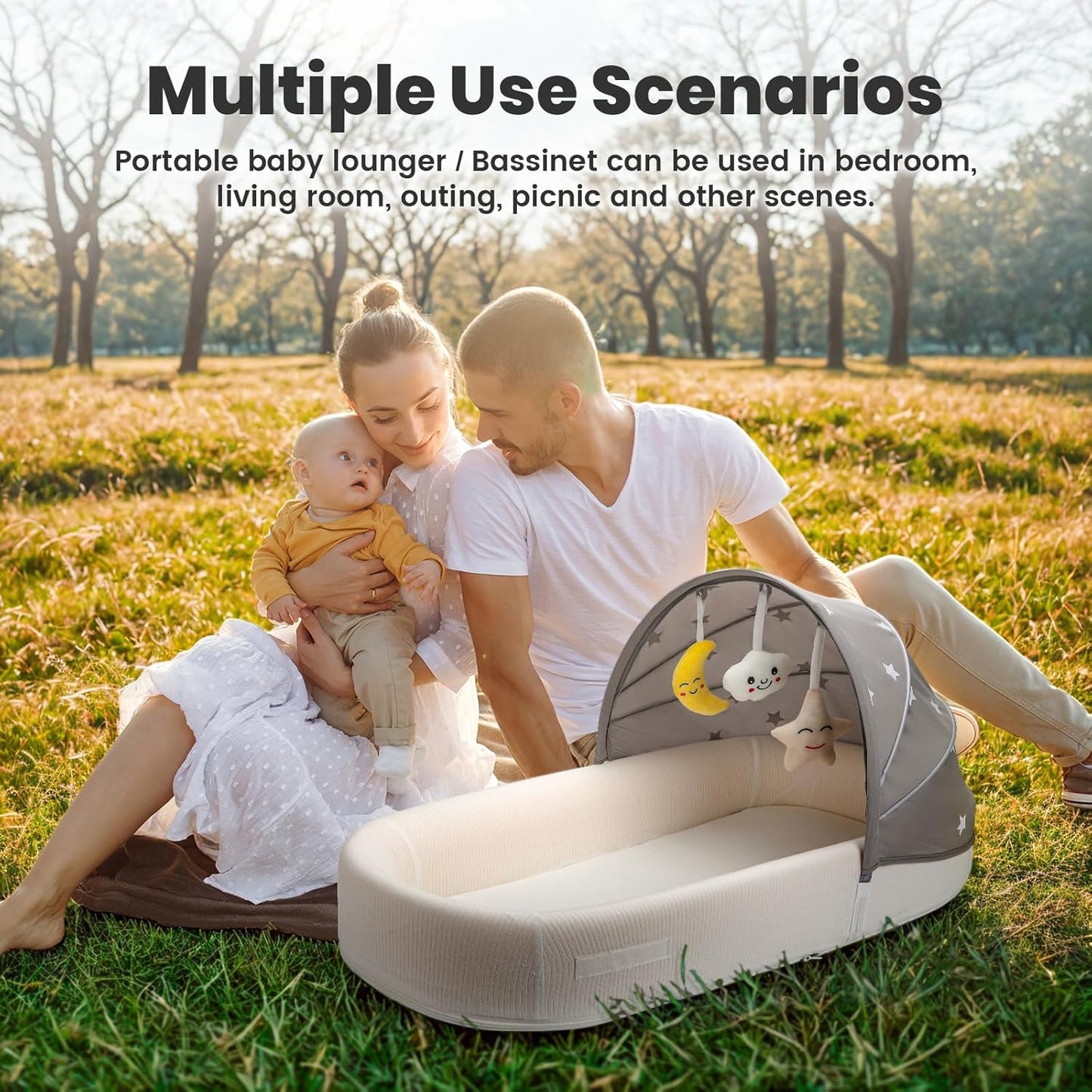 Portable Baby Bassinet- Travel Bassinet for Newborn and Infant, Suitable for Indoor & Outdoor Carry, Lightweight Foldable Washable, Portable Bassinet for Baby Travel, Portable Travel Bassinet, Grey