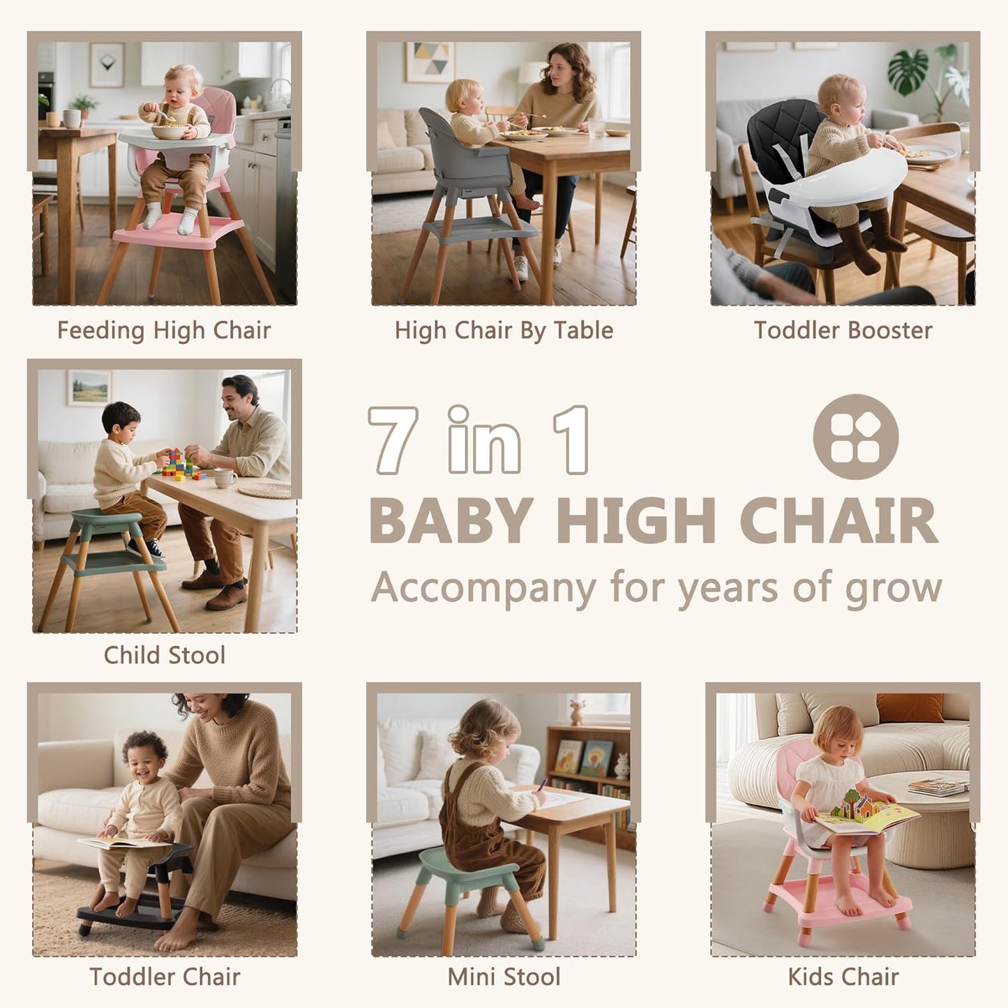 Kinder King 7 in 1 Baby High Chair for Babies and Toddlers with Large Storage Footrest, Booster Seat, Convertible Wooden High Chair with 3-Depth Double Dishwasher Safe Tray, 5 Point Harness, Gray