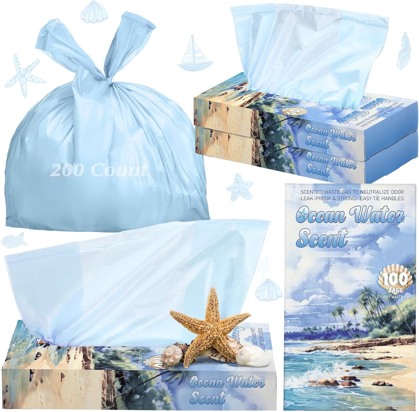 200 Count Ocean Water Scented Small Trash Bags Small Diaper Baggies for Adult Briefs Feminine Hygiene Baby Diaper Disposable Bags Pet Waste Sacks with Easy-to-tie Tabs