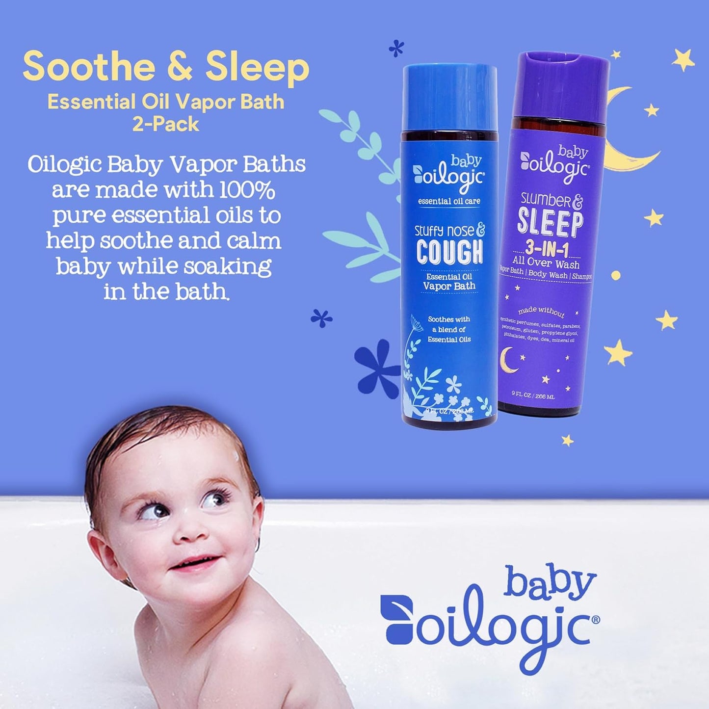 Oilogic Bath Baby Essentials (Slumber & Sleep, Stuffy Nose & Cough) - Gentle Baby All-Over Wash with Essential Oils to Soothe, Calm & Comfort - Pediatrician-Tested & Safe for Babies & Toddlers