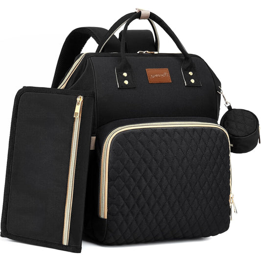 Diaper Bag Backpack with Changing Pad Pacifier Case, Baby Bag for Boy Girl Toddler - Large,Stylish, Waterproof Travel Quilted Diaper Bag for Mom - Baby Shower Gifts, Black