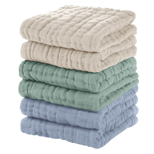 Muslin Baby Washcloths 6 Pack, 100% Cotton Wash Cloths for Babies, Large 12''X12'' Burp Cloths Absorbent and Soft for Newborn Infants Kids Boys Girls - Apricot Green Sapphire Blue