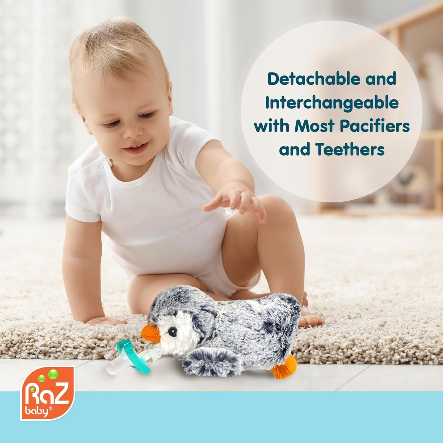 RaZbaby RaZbuddy JollyPop Pacifier Holder w/ Removable Baby Pacifier - 0m+ - BPA Free - Penguin