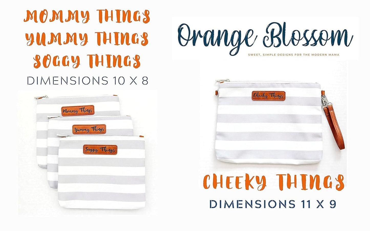 Stylish Diaper Bag Organizing Pouches - XL Set of 4 Gray and White Striped Canvas Diaper Bag Pouches with Leather Embossed Labels, Leather Wristlet Strap & Durable Metal Zippers