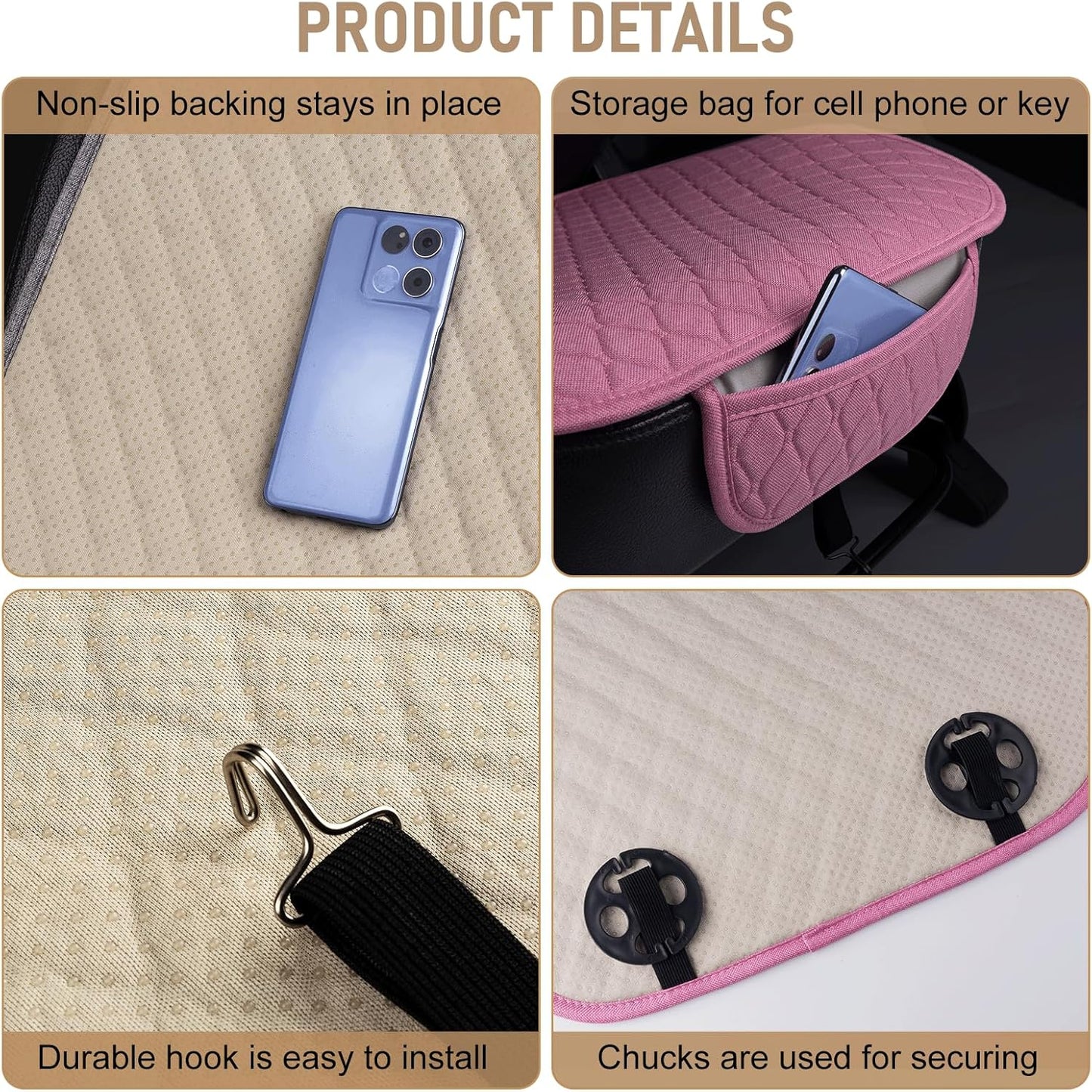 3 PCS Linen Car Seat Covers with Storage Pocket, Back Seat Covers Protectors with Non-Slip, Breathable Bench Seat Covers Universal Fit for SUVs, Cars, Trucks (Pink)