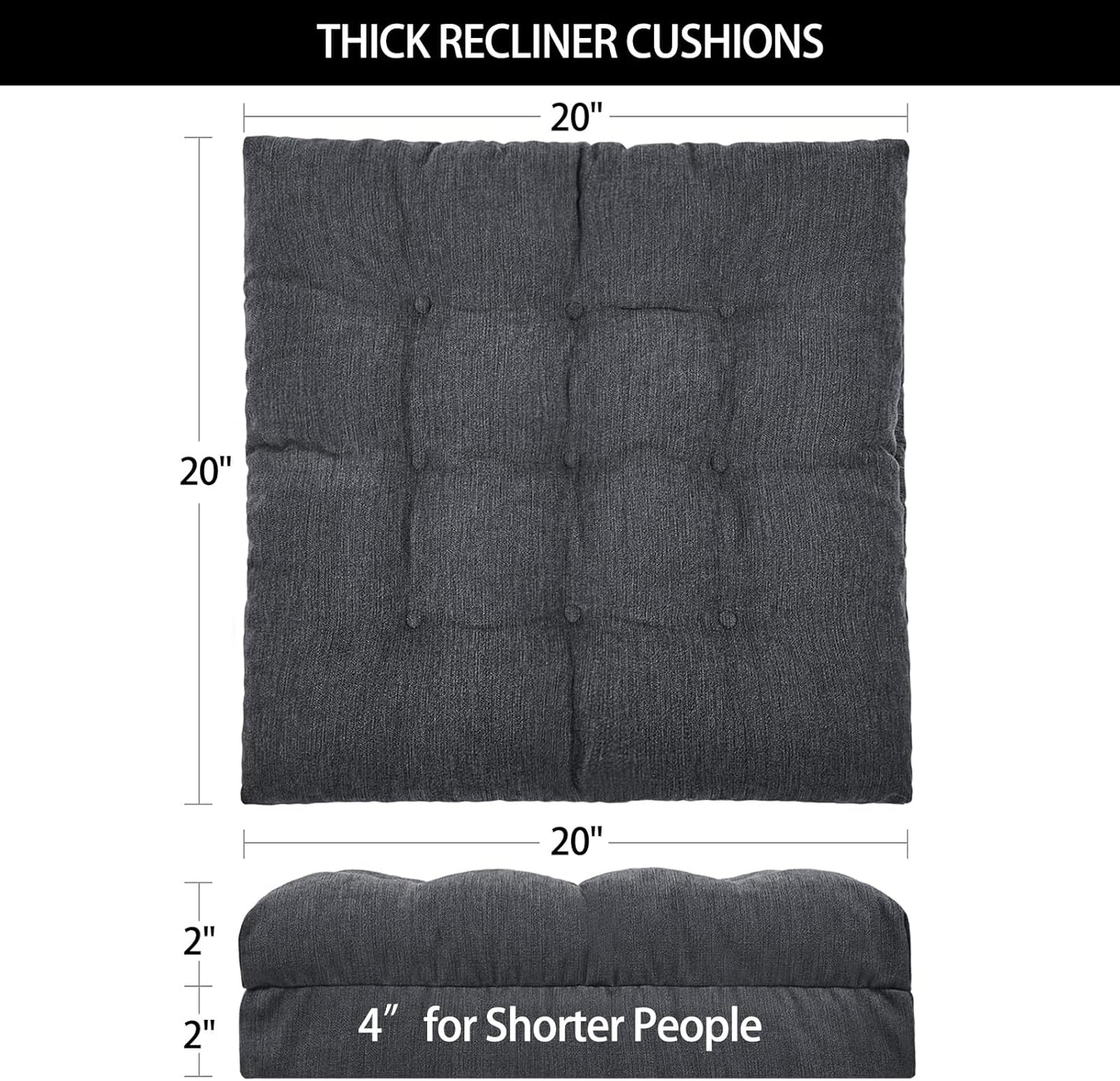 HAVARGO Recliner Cushions for Elderly, 20x20x4 Inch Thick Chair Cushion for Shorter Users Patent Design Soft Tufted Dual Layer Booster Seat Cushions for Seniors Recliner Risers Gray 1P
