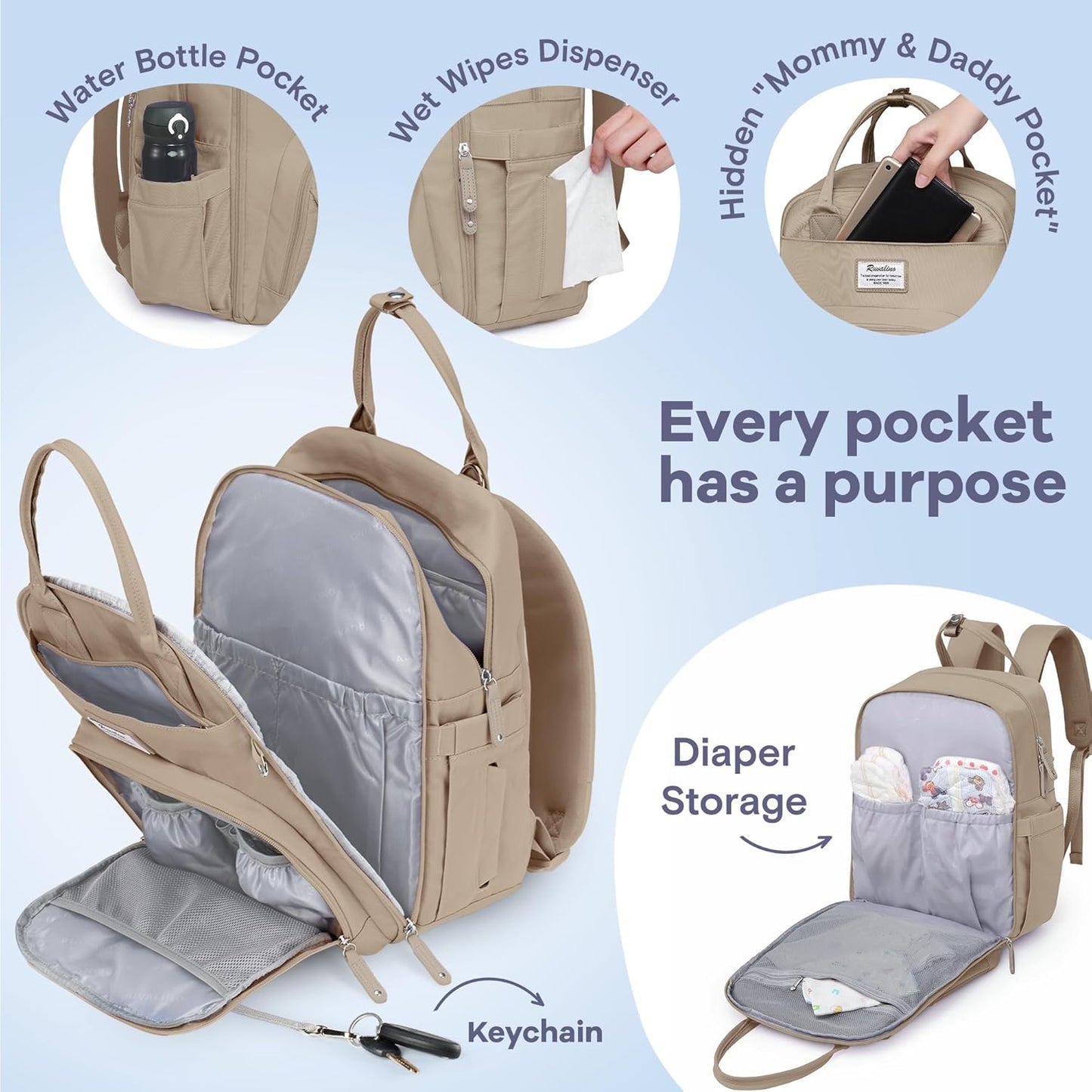 RUVALINO Diaper Bag Backpack-Multifunction Baby Travel Bag with Changing pad, Insulated Bottle Holders & Pacifier Case, Large Capacity, Waterproof, Clay