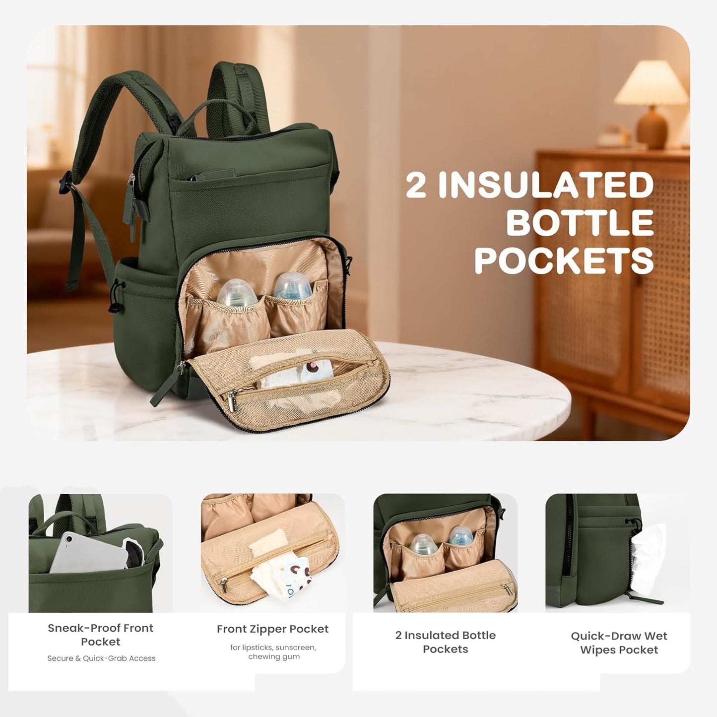 VONAL Neoprene Diaper Bag Backpack with Changing Pad, 33L Large Capacity Neoprene Backpack Baby Diaper Bag with Insulated Pockets, Travel Diaper Backpack Baby with 12 Pockets for Mom & Dad, Green