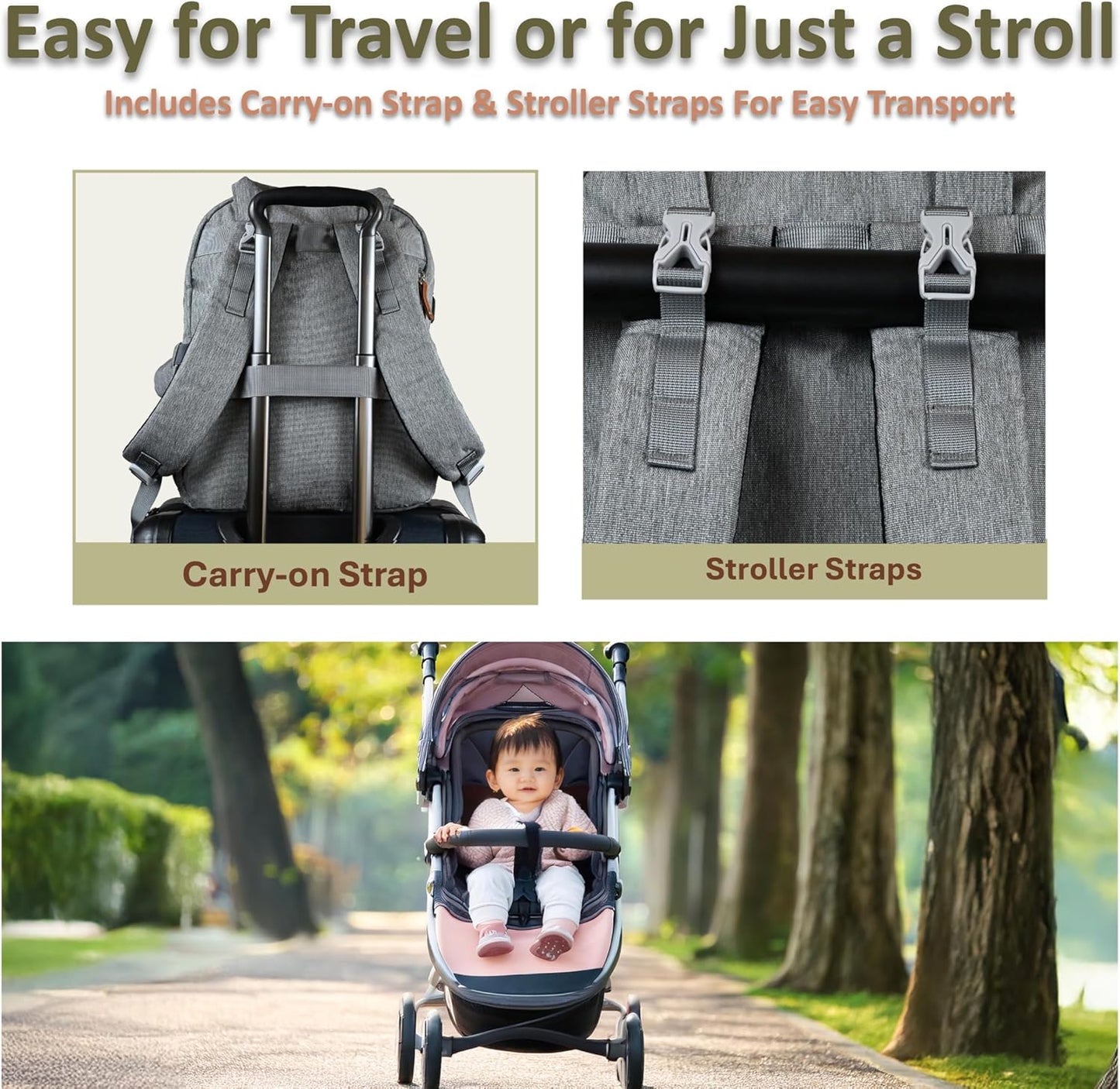 Baby Diaper Bag Backpack - Large Bag for Boys & Girls, with Changing Pad & Pacifier Case, Large Capacity with Insulated Pockets, Waterproof, with Stroller Straps, Unisex - Grey