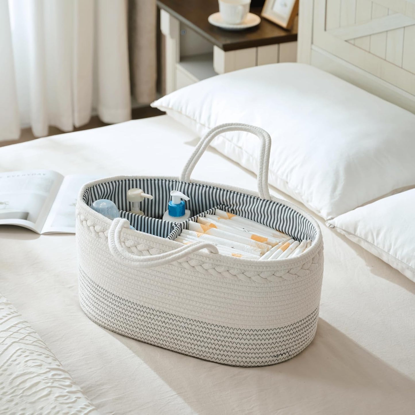 luxury little Diaper Caddy Organizer, Extra Large Cotton Rope Nursery Basket, Changing Table Organizer for Baby Diaper Storage, Portable Car Organizer with Removable Divider, Baby Shower Gifts
