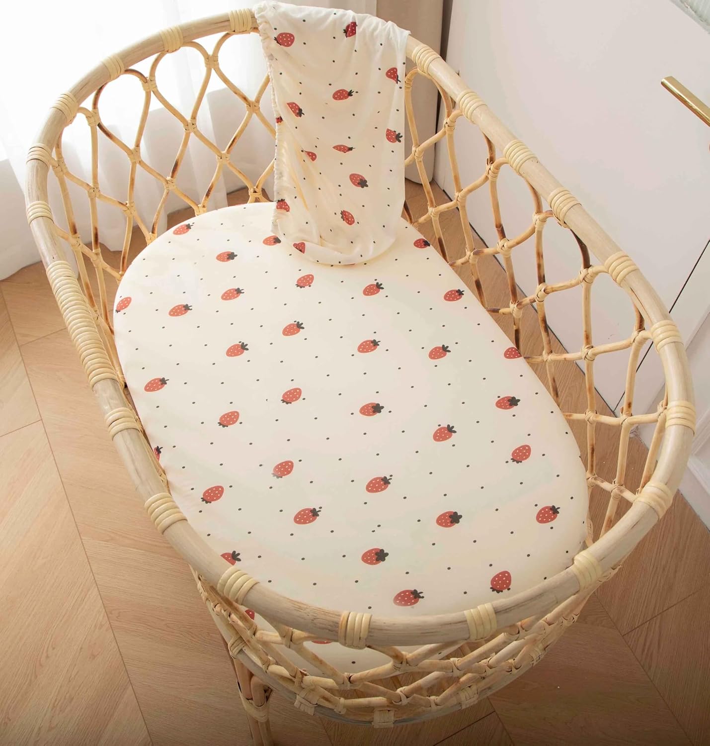 SDY Strawberry Bassinet Sheets for Baby Girl and Boy Set 2 Pack 32 * 16 * 4 inches,Jersey Baby Bedding Fit Hourglass Oval Rectangle Bassinet Mattress，Newborn Essentials (Strawberry&Polka Dot)